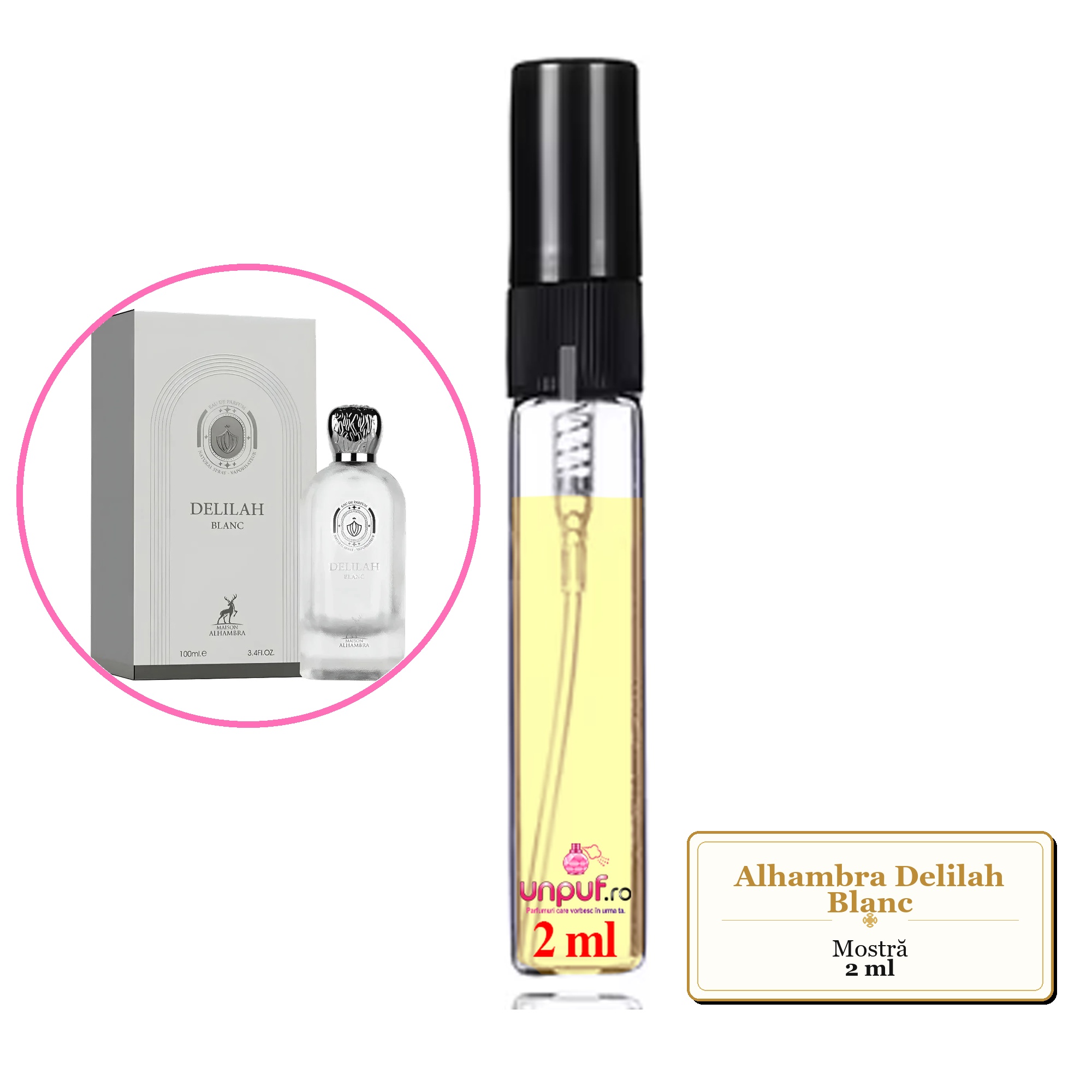 Mostra fiola din Parfumul Alhambra Delilah Blanc, decant sticla cu pulverizator