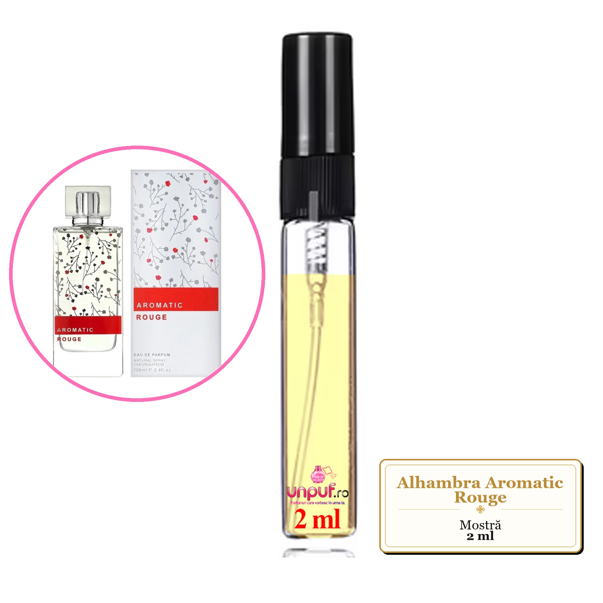 Mostra fiola din Parfumul Alhambra Aromatic Rouge, decant sticla cu pulverizator 