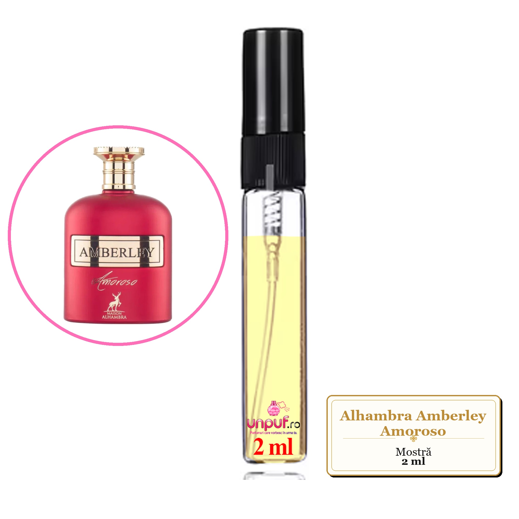 Mostra fiola din Parfumul Alhambra Amberley Amoroso, decant sticla cu pulverizator 