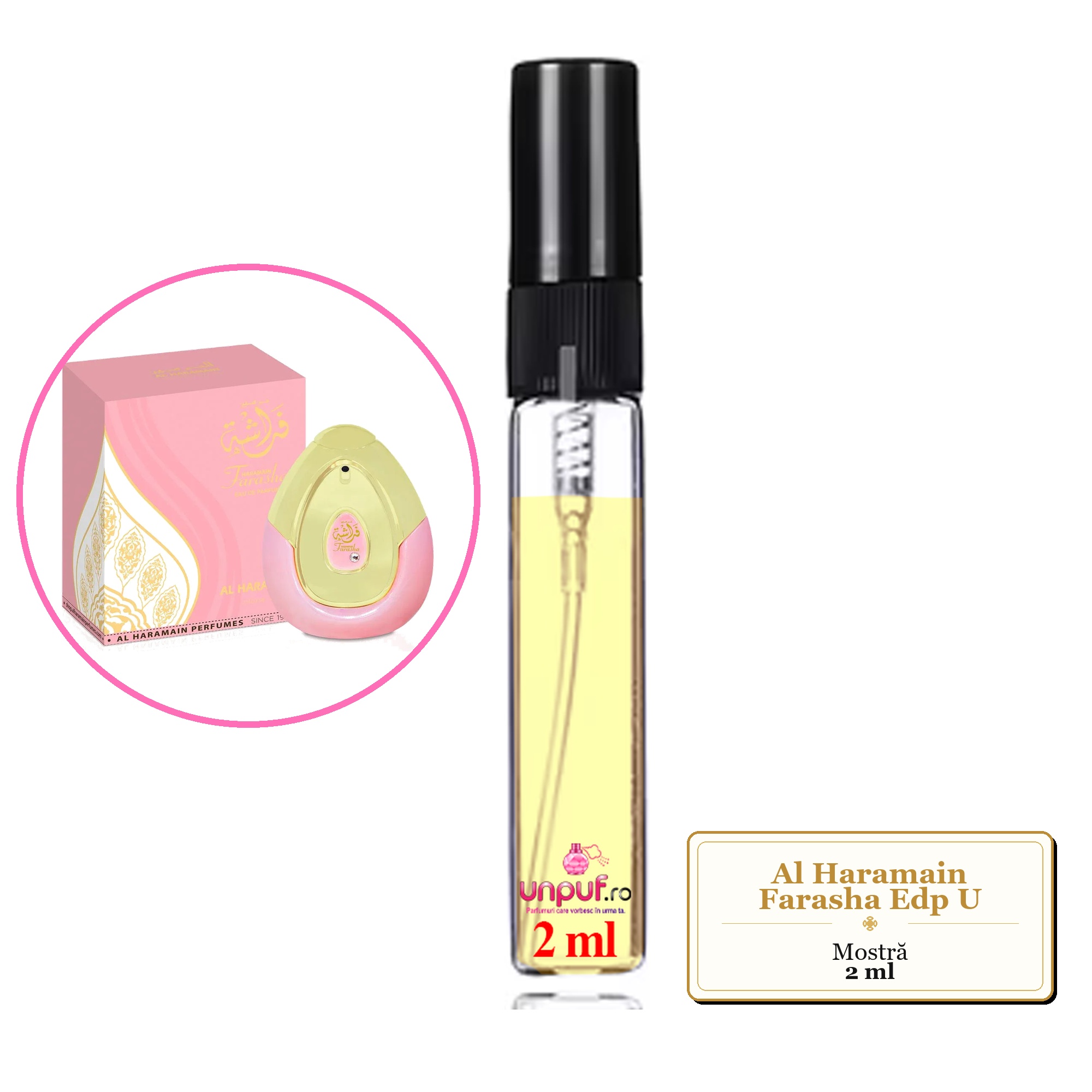 Mostra fiola din Parfumul Al Haramain Farasha Edp U, decant sticla cu pulverizator 