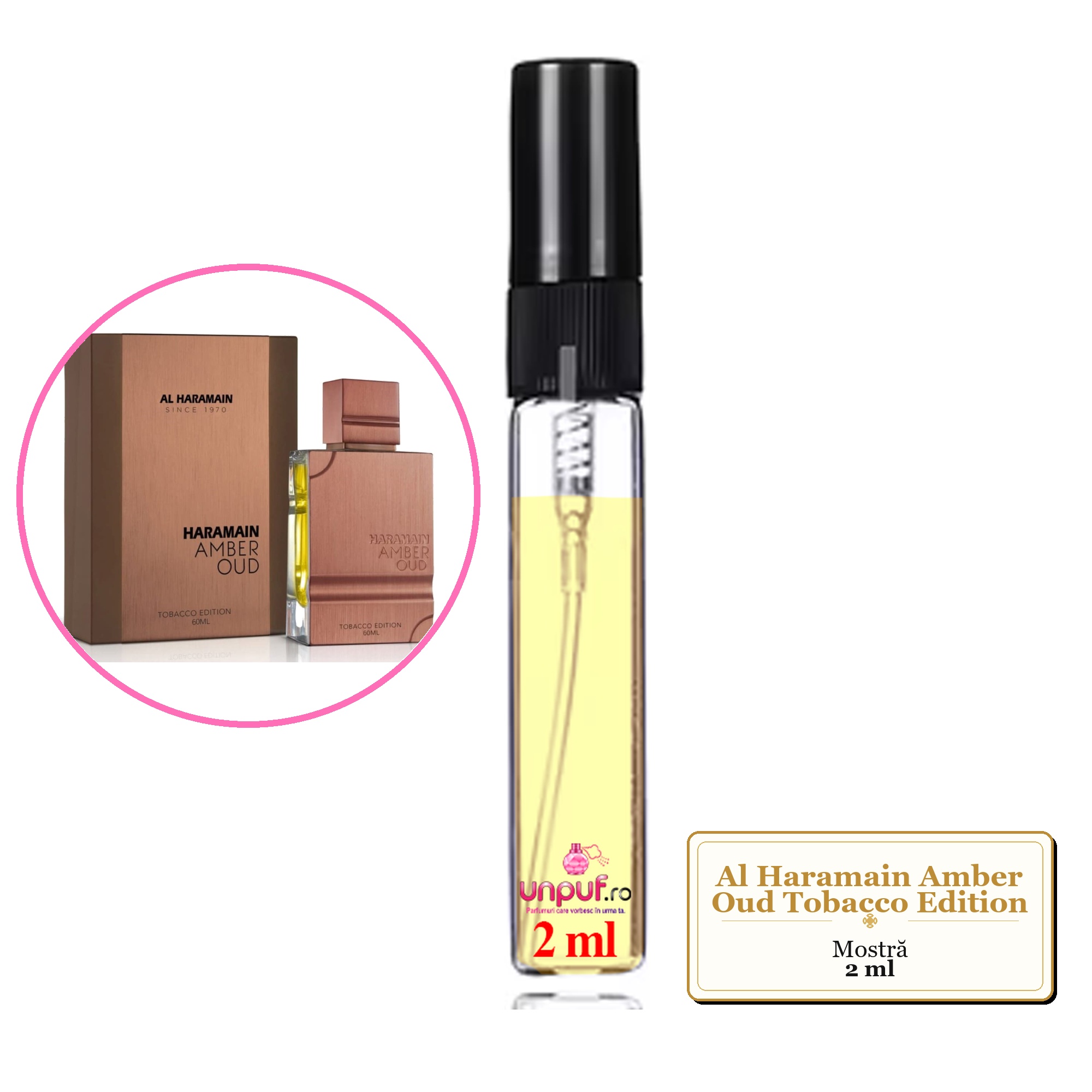 Mostra fiola din Parfumul Al Haramain Amber Oud Tobacco Edition, decant sticla cu pulverizator 