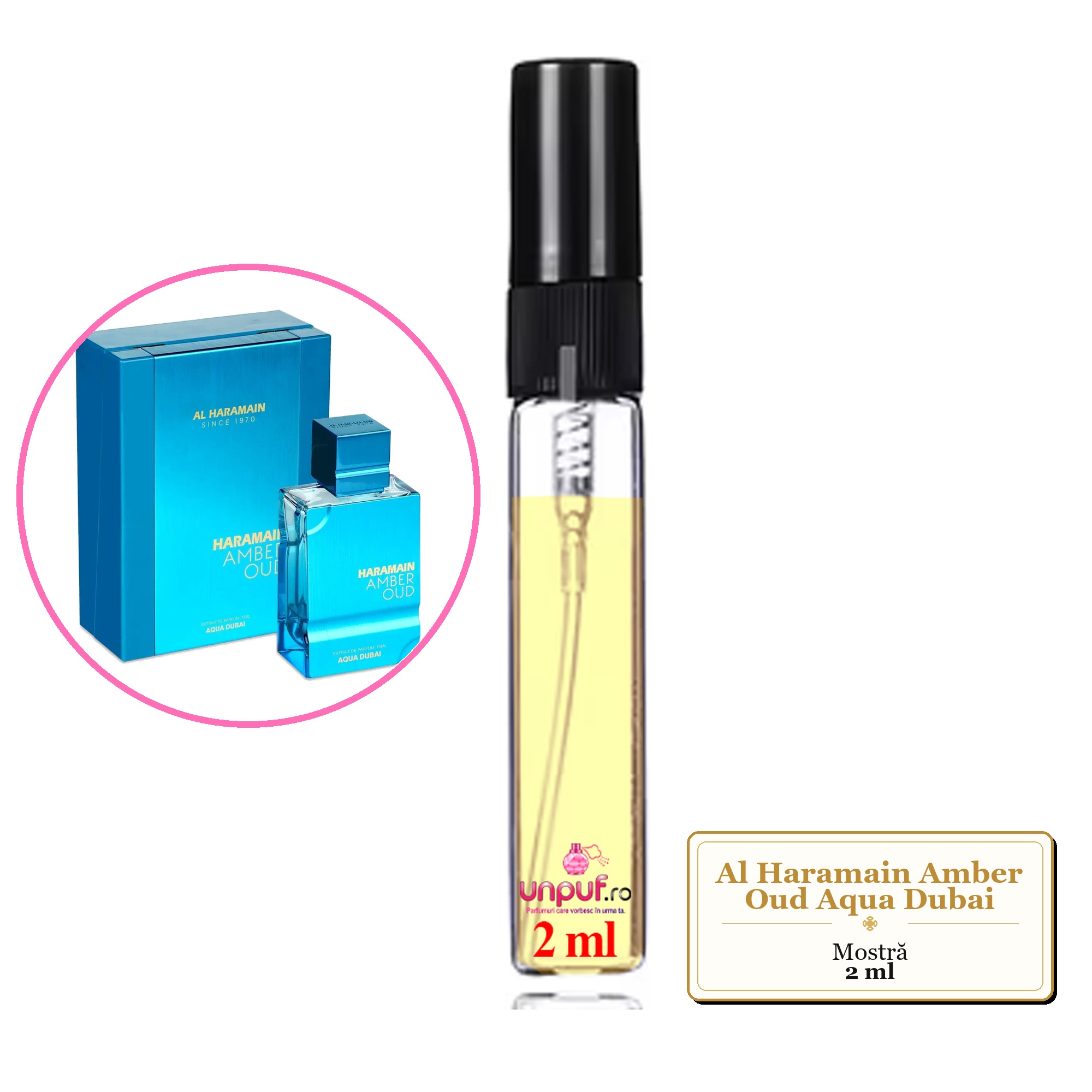 Mostra fiola din Parfumul Al Haramain Amber Oud Aqua Dubai, decant sticla cu pulverizator 