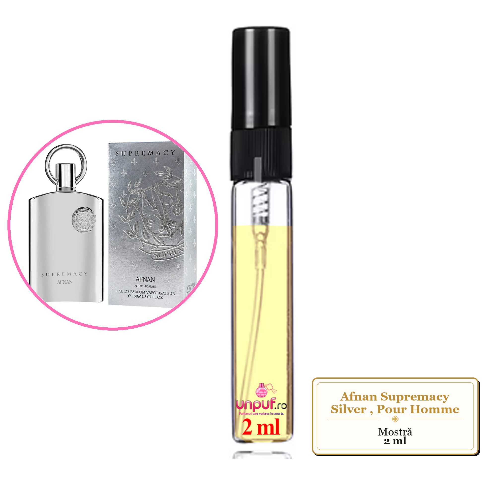 Mostra fiola din Parfumul Afnan Supremacy Silver, Pour Homme, decant sticla cu pulverizator 