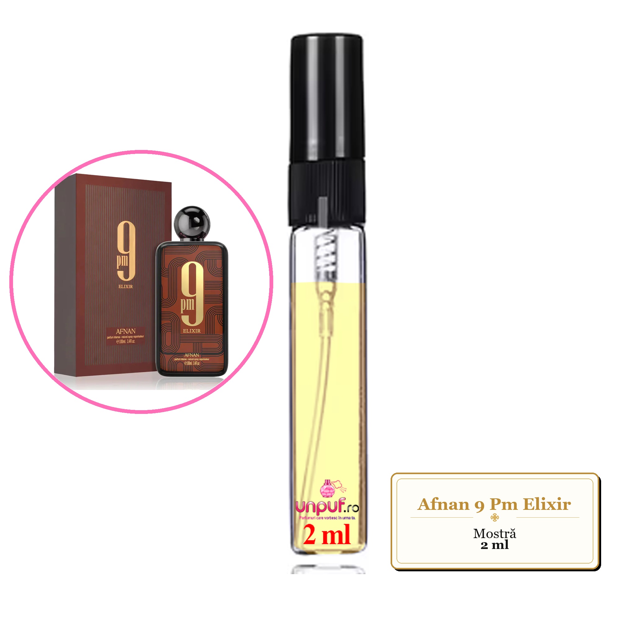 Mostra fiola din Parfumul Afnan 9 Pm Elixir, decant sticla cu pulverizator 