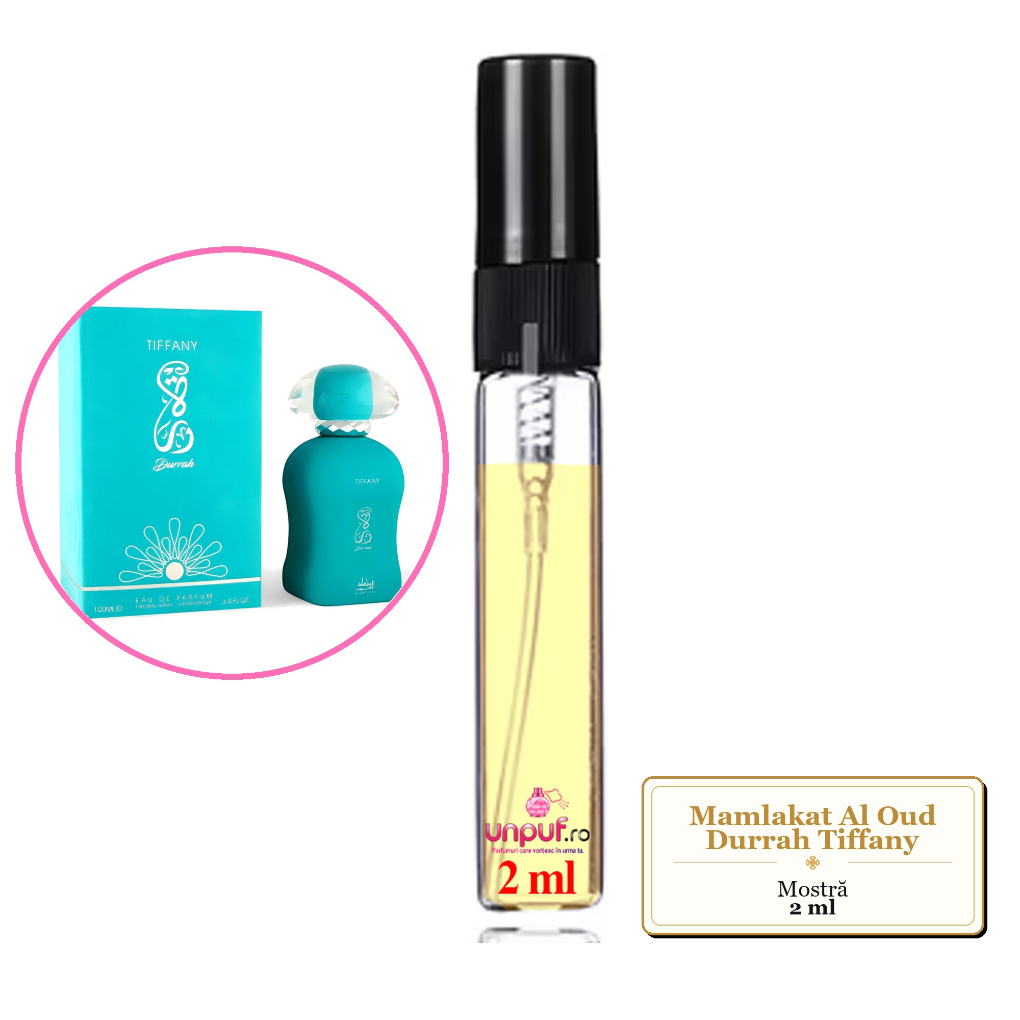 Mostra fiola din Parfumul Mamlakat Al Oud Durrah Tiffany, decant sticla cu pulverizator 