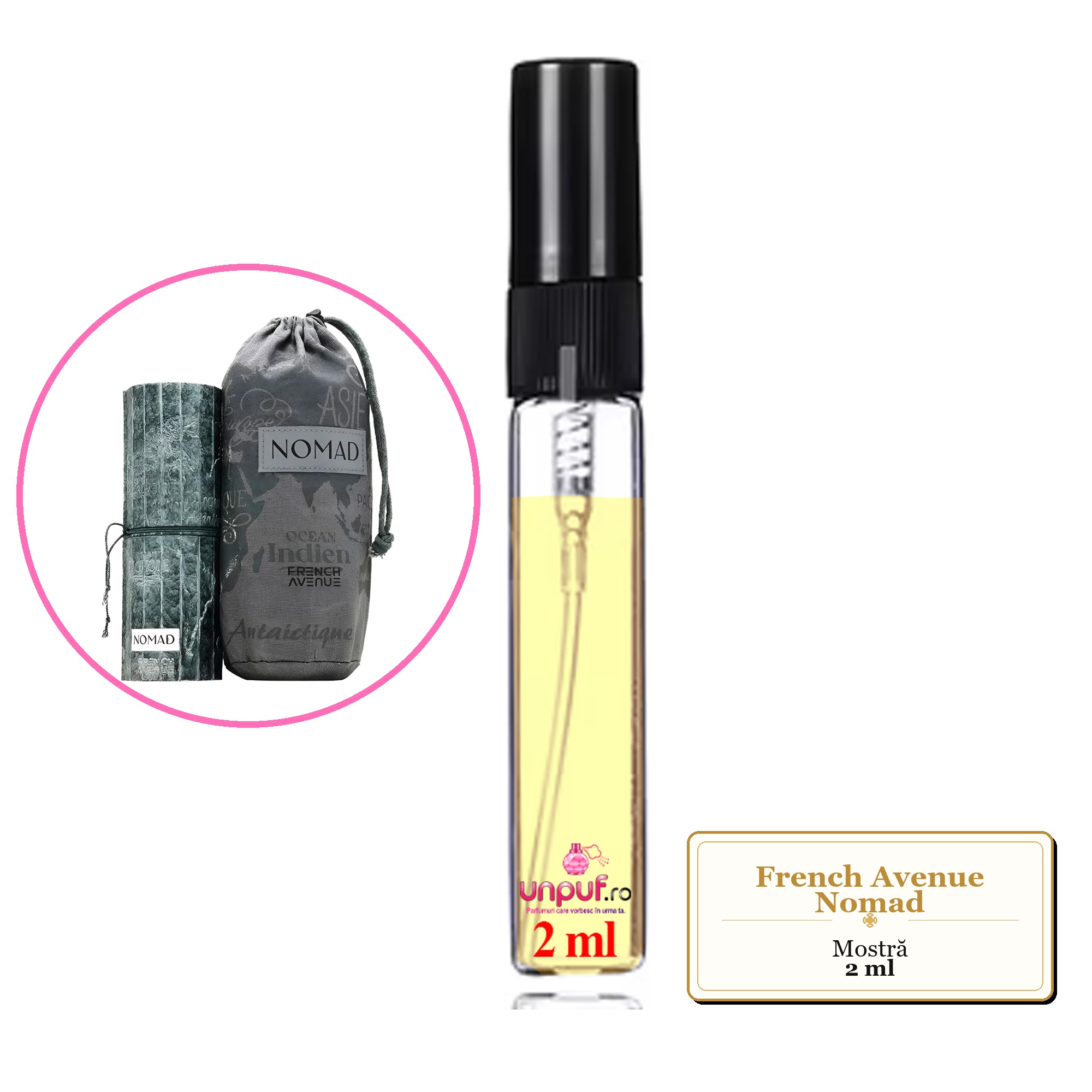 Mostra fiola din Parfumul French Avenue Nomad, decant sticla cu pulverizator 