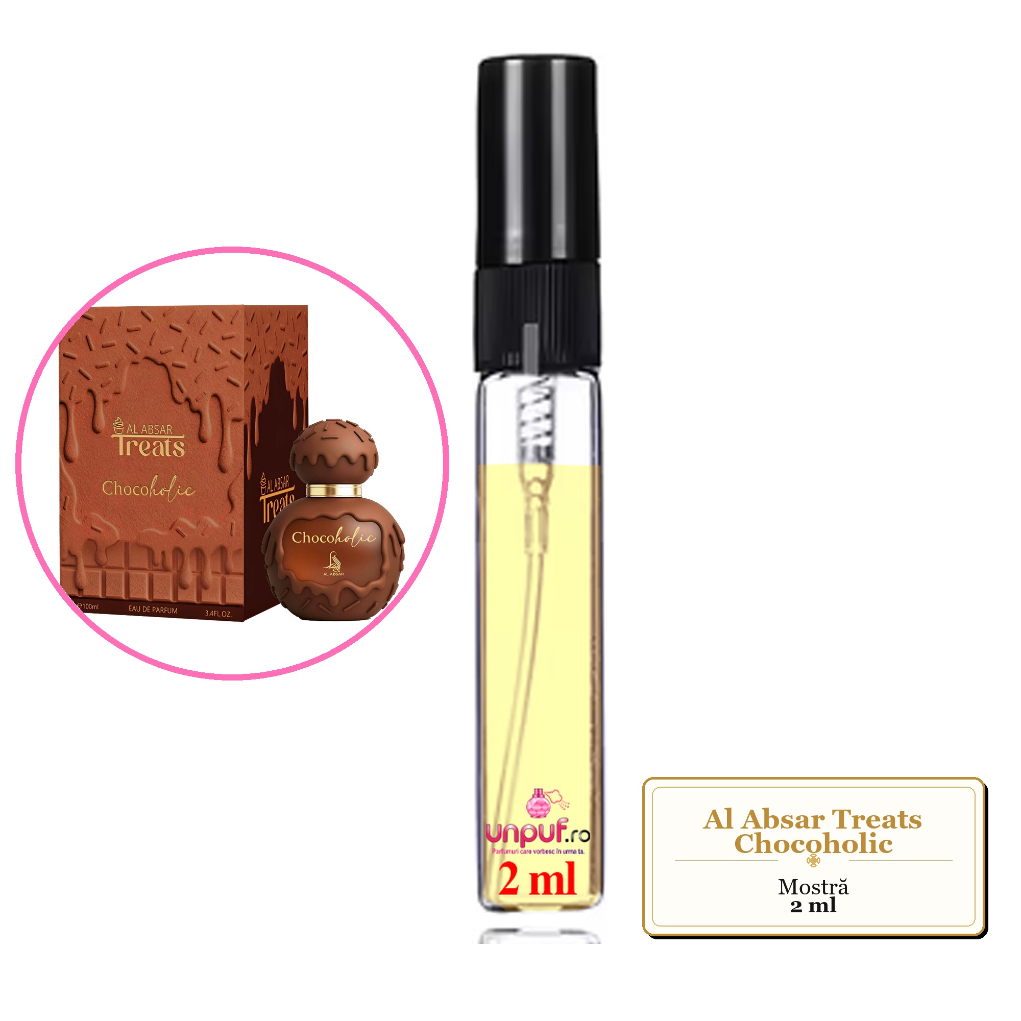 Mostra fiola din Parfumul Al Absar Treats Chocoholic, decant sticla cu pulverizator 