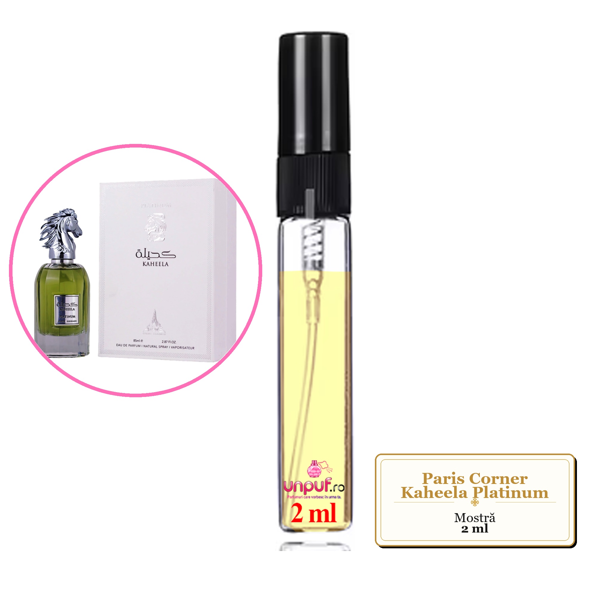 Mostra fiola din Parfumul Paris Corner Kaheela Platinum, decant sticla cu pulverizator