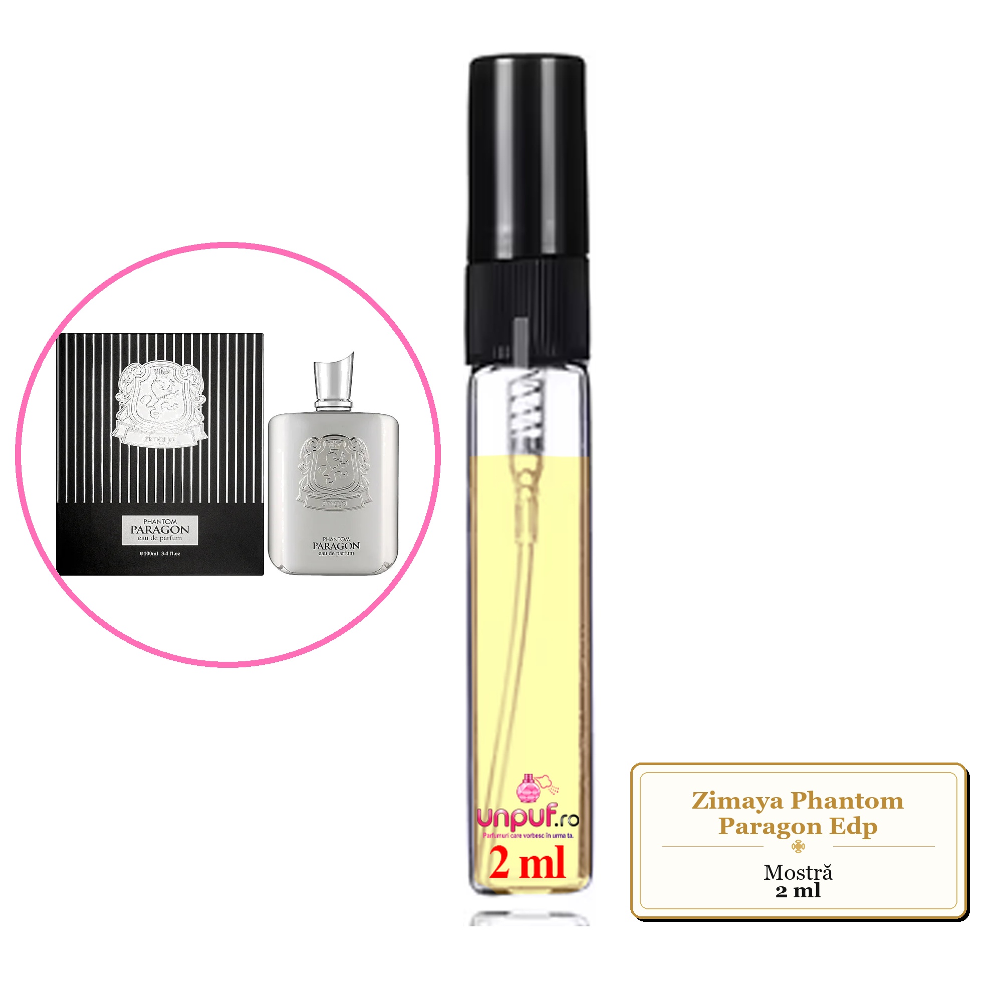 Mostra fiola din Parfumul Zimaya Phantom Paragon Edp, decant sticla cu pulverizator