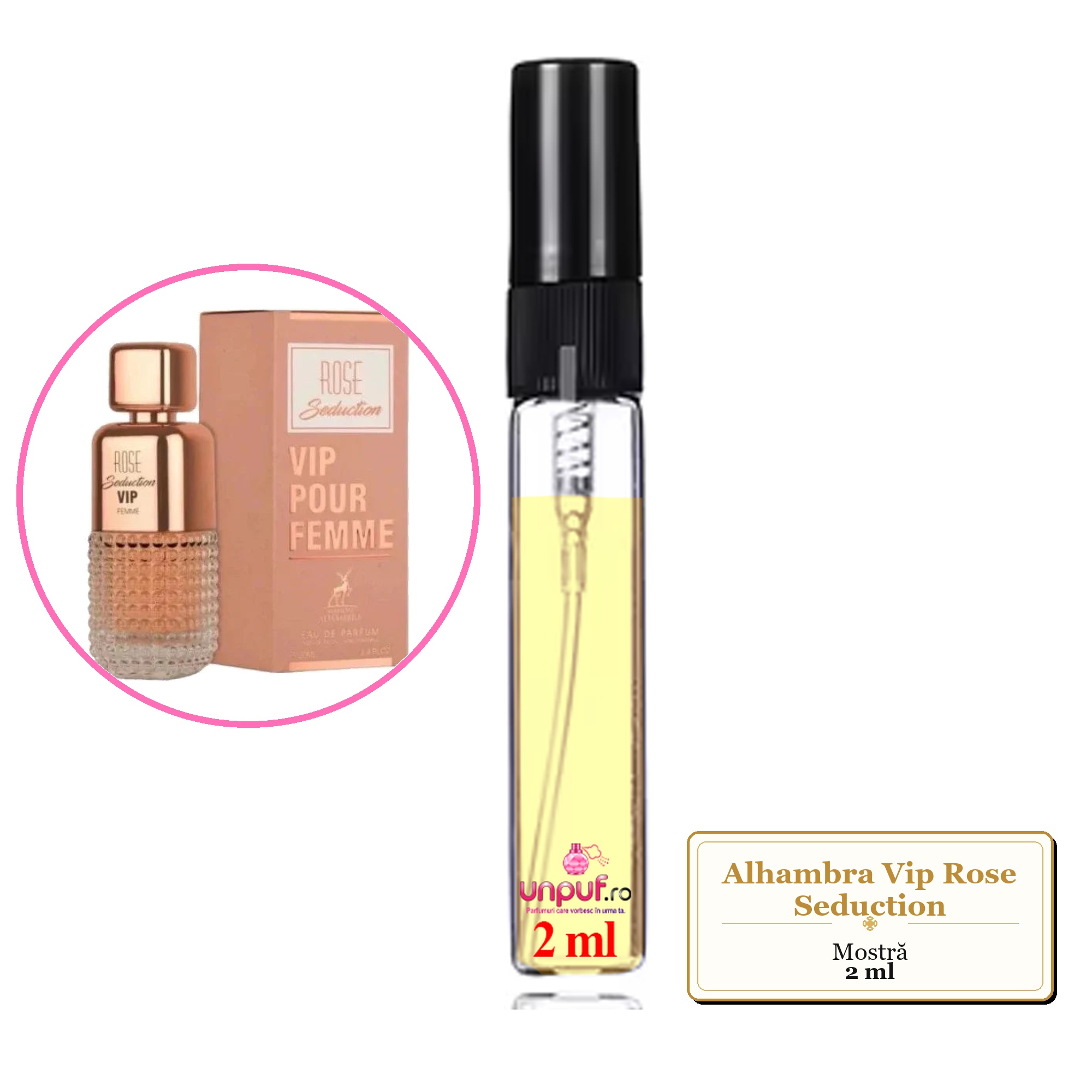 Mostra fiola din Parfumul Alhambra Vip Rose Seduction, decant sticla cu pulverizator 