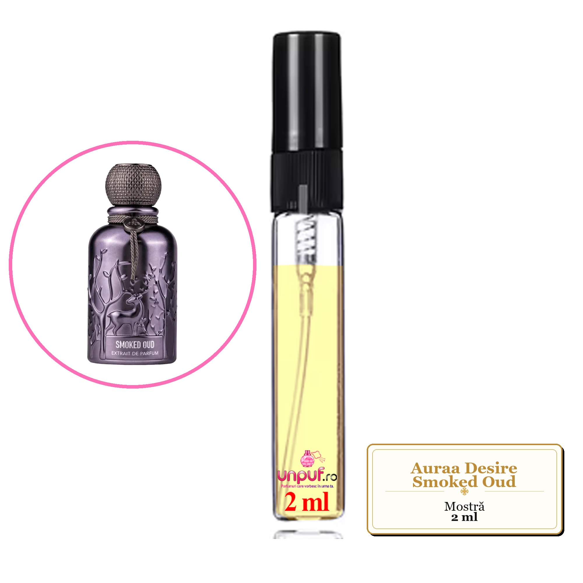 Mostra fiola din Parfumul Auraa Desire Smoked Oud, decant sticla cu pulverizator