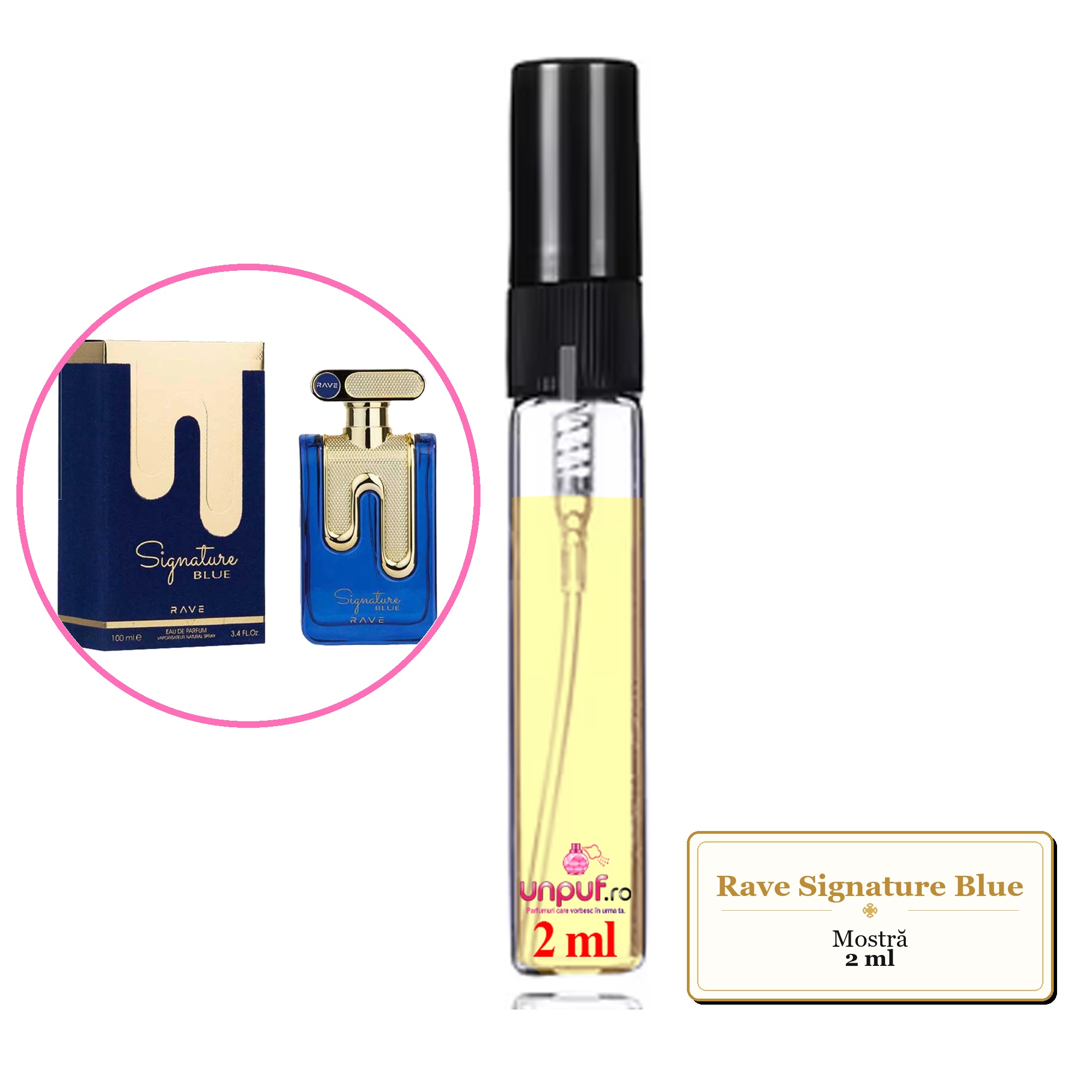 Mostra fiola din Parfumul Rave Signature Blue, decant sticla cu pulverizator 