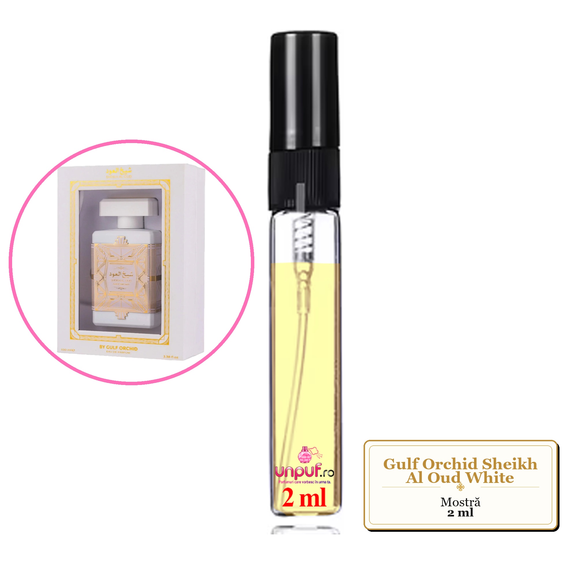 Mostra fiola din Parfumul Gulf Orchid Sheikh Al Oud White, decant sticla cu pulverizator 