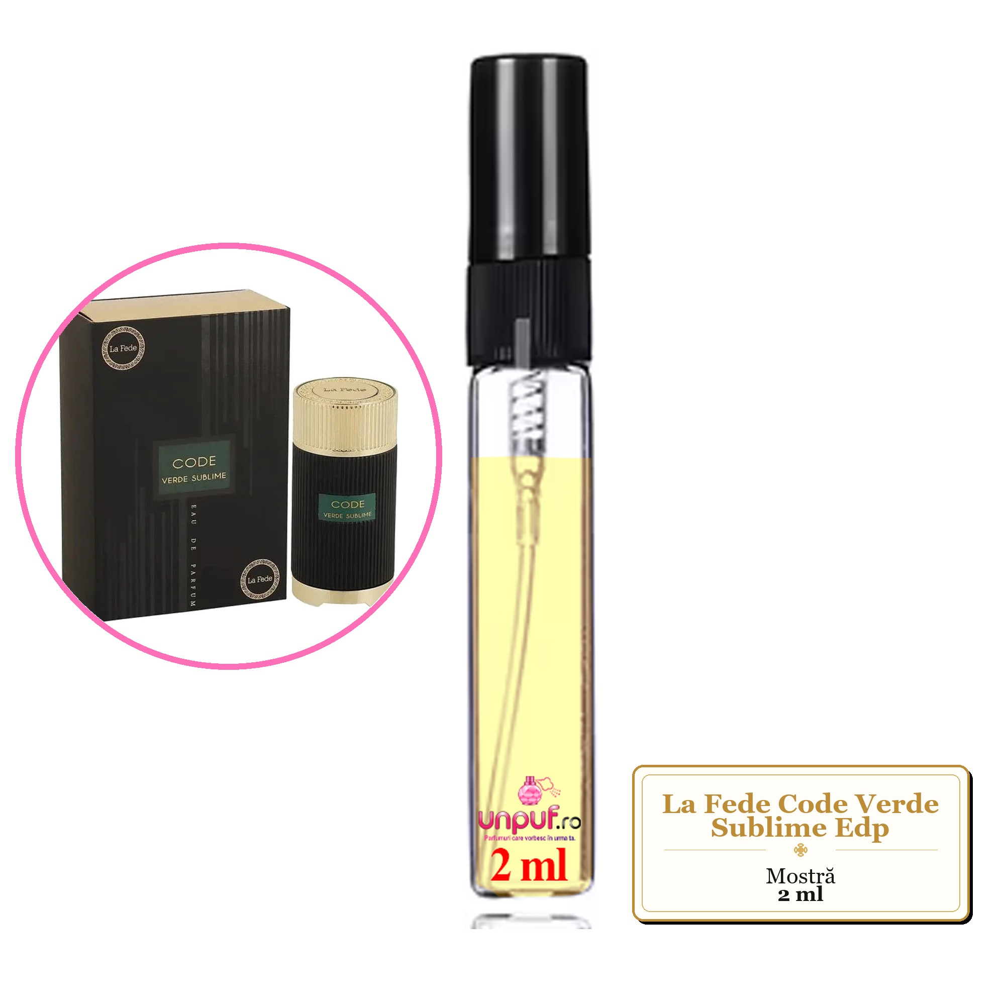 Mostra fiola din Parfumul La Fede Code Verde Sublime Edp, decant sticla cu pulverizator 