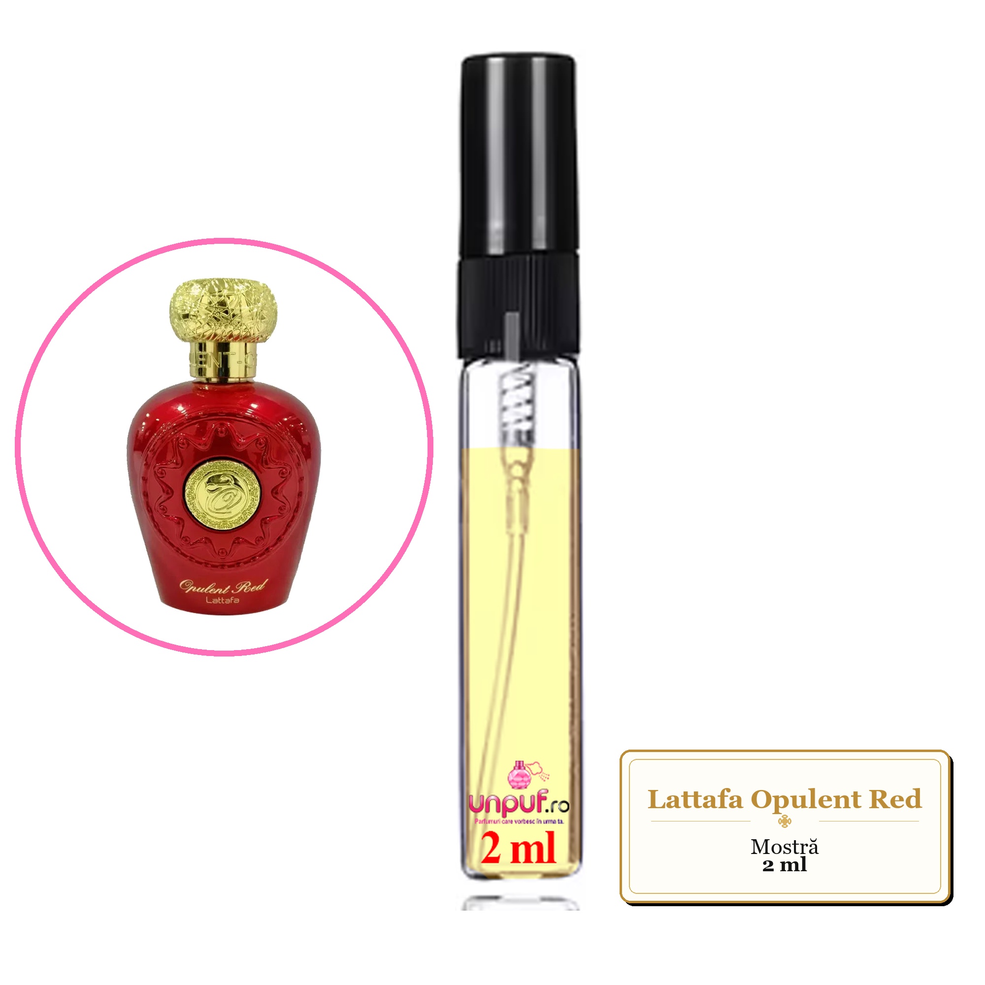 Mostra fiola din Parfumul Lattafa Opulent Red, decant sticla cu pulverizator