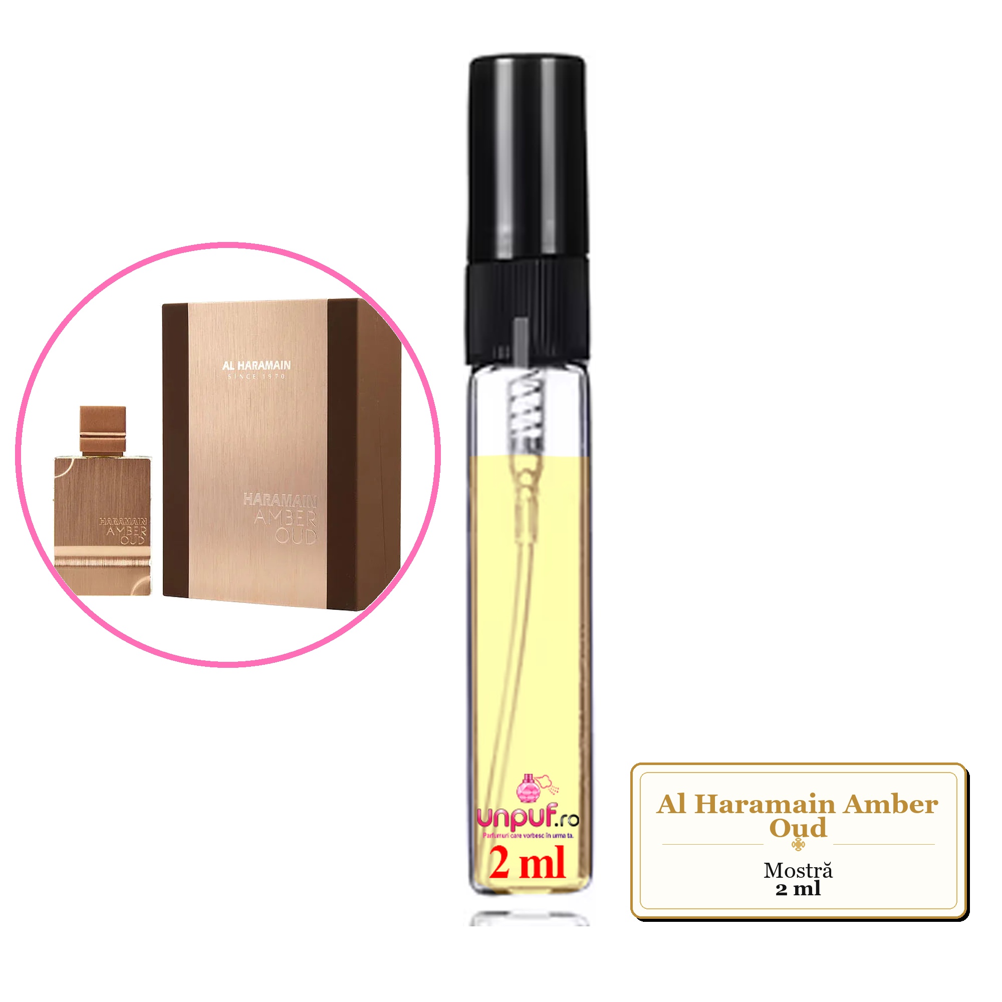 Mostra fiola din Parfumul Al Haramain Amber Oud, decant sticla cu pulverizator 