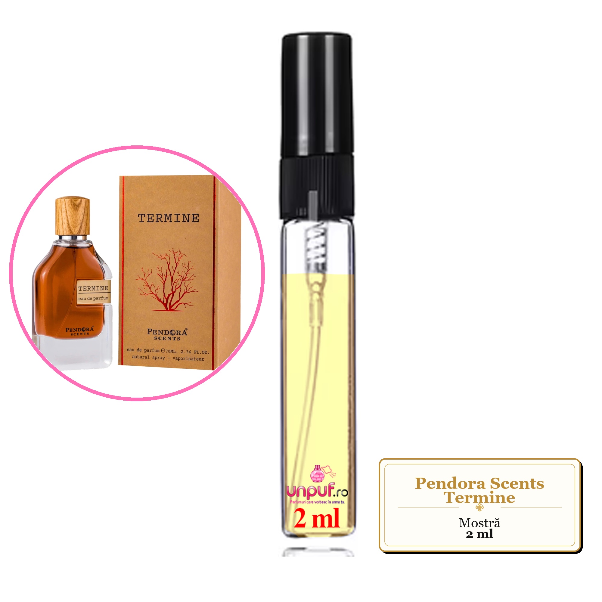 Mostra fiola din Parfumul Pendora Scents Termine, decant sticla cu pulverizator