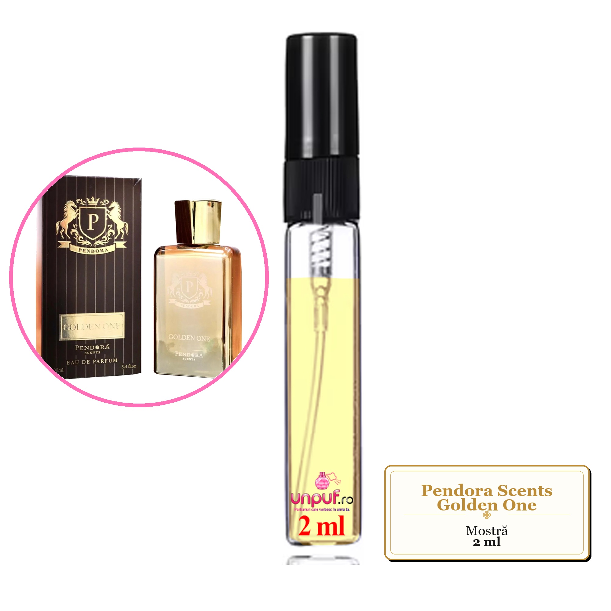 Mostra fiola din Parfumul Pendora Scents Golden One, decant sticla cu pulverizator