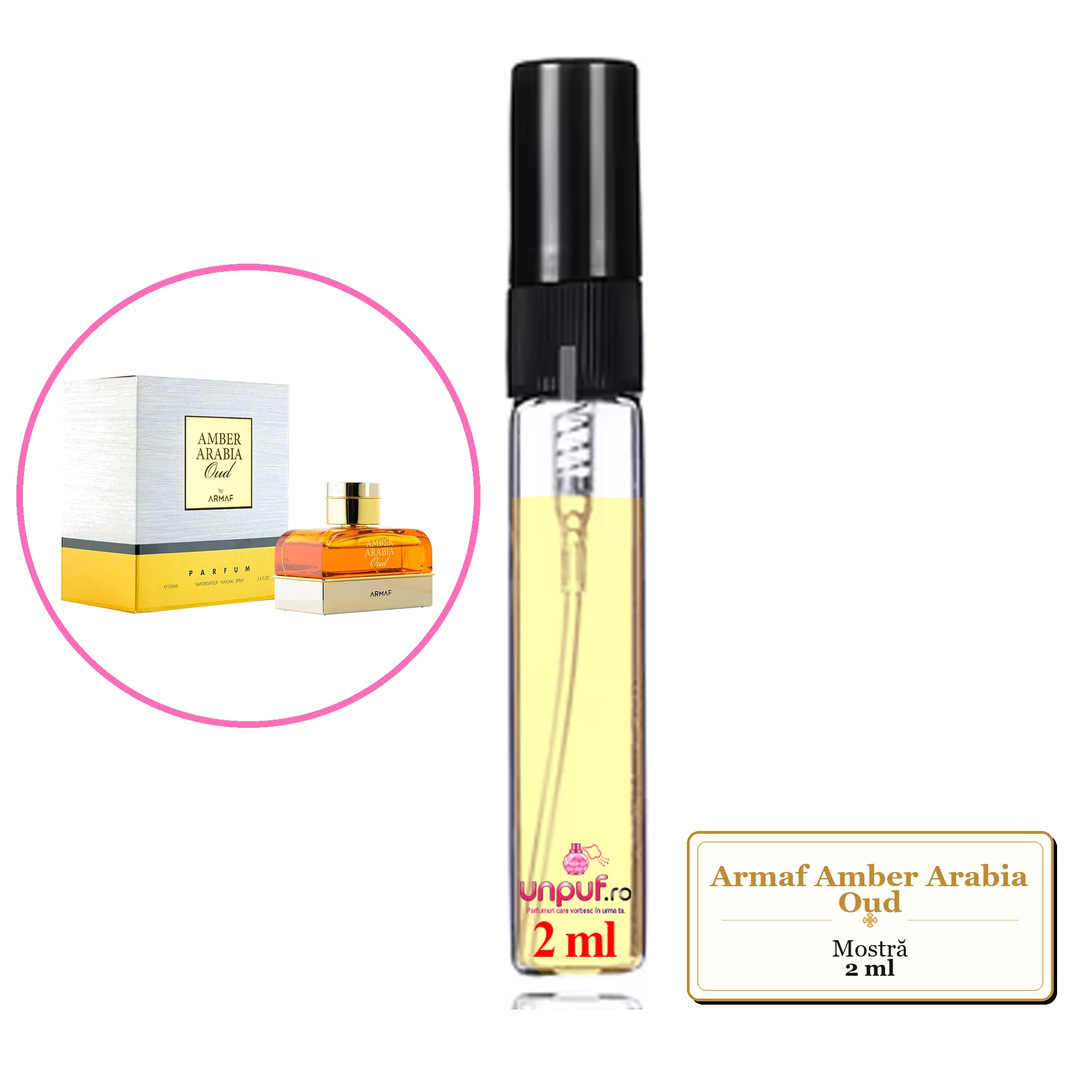 Mostra fiola din Parfumul Armaf Amber Arabia Oud, decant sticla cu pulverizator 