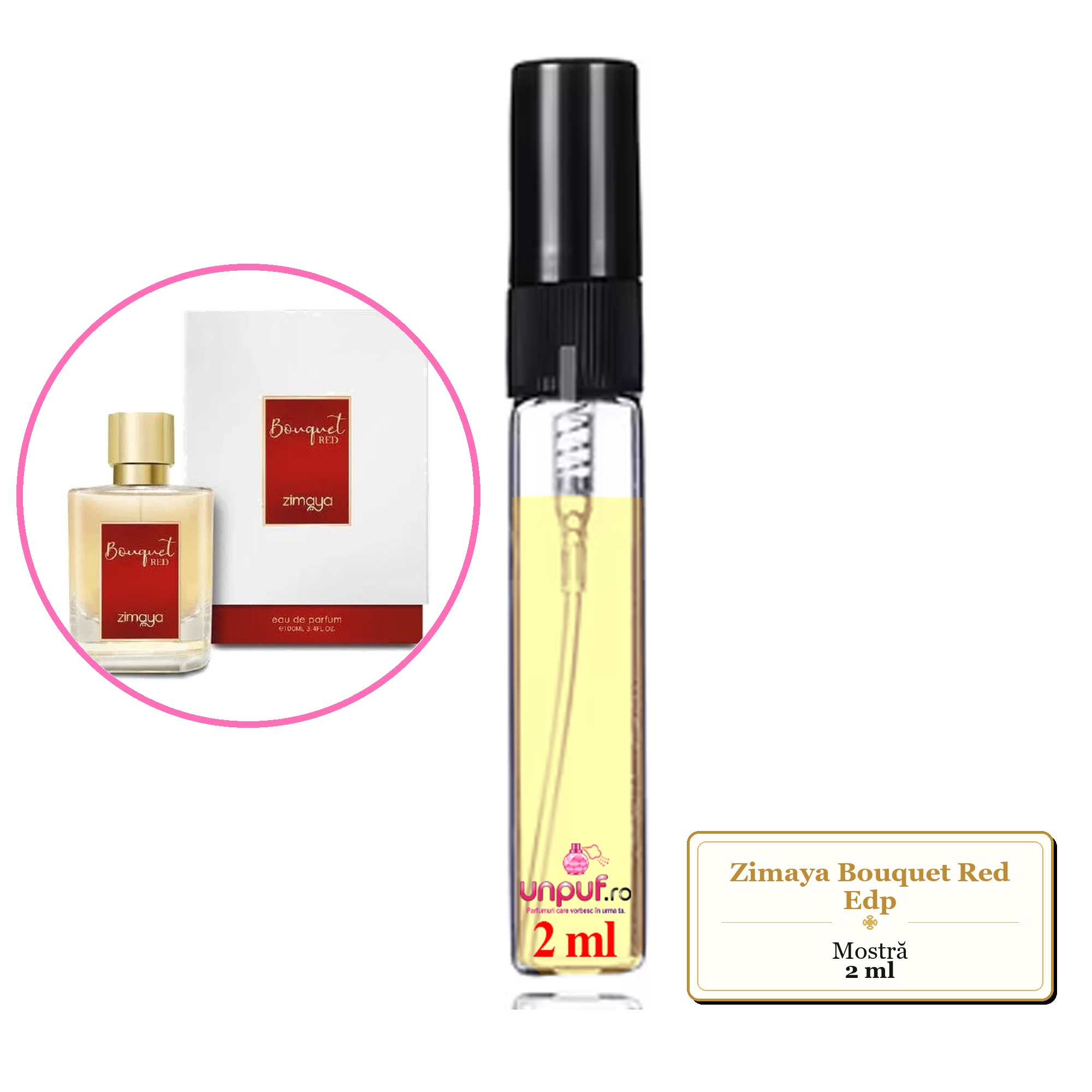 Mostra fiola din Parfumul Zimaya Bouquet Red Edp, decant sticla cu pulverizator