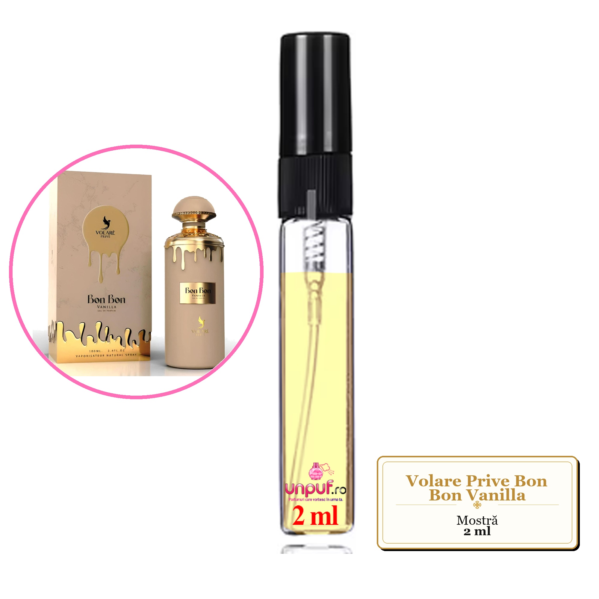 Mostra fiola din Parfumul Volare Prive Bon Bon Vanilla, decant sticla cu pulverizator 
