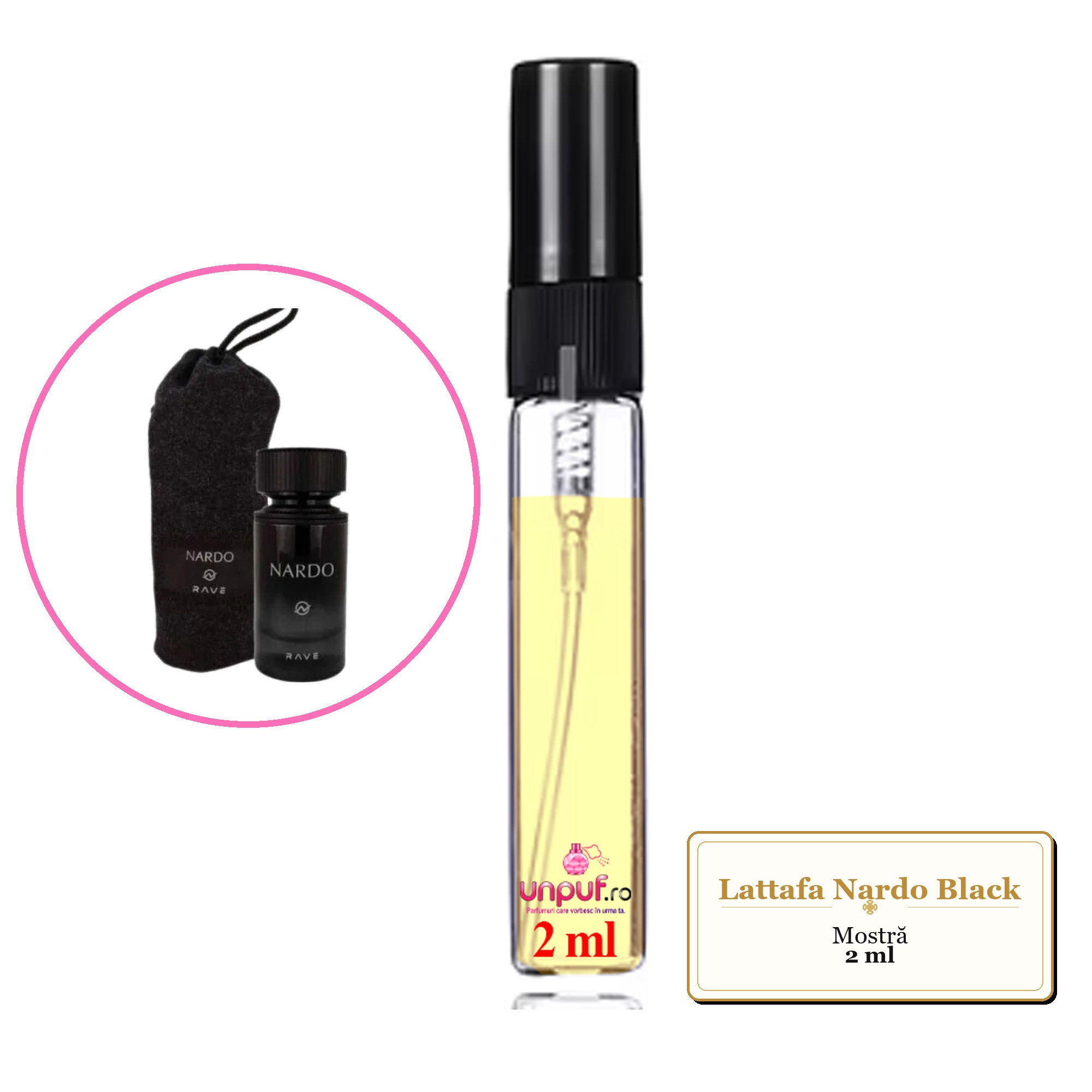 Mostra fiola din Parfumul Lattafa Nardo Black, decant sticla cu pulverizator