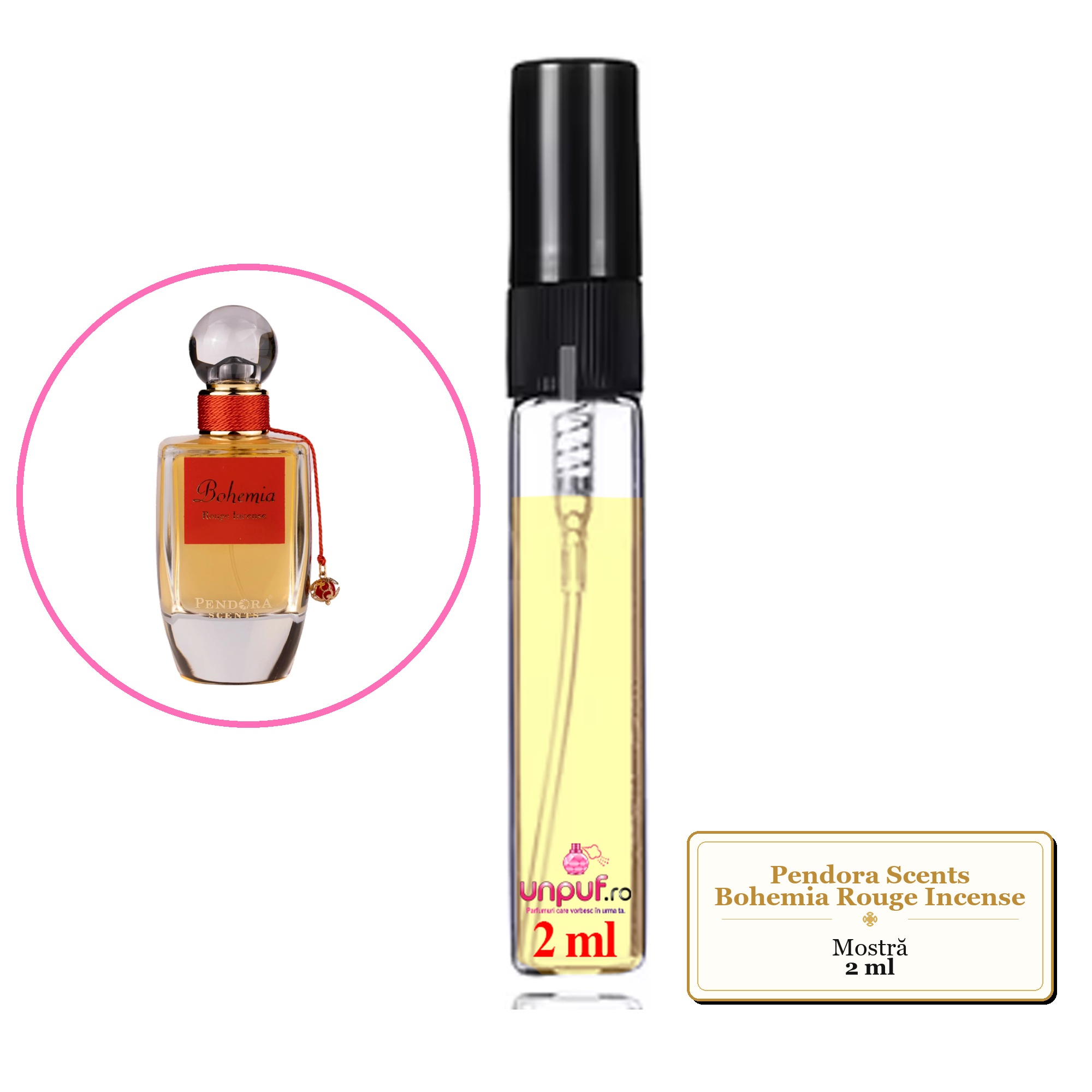 Mostra fiola din Parfumul Pendora Scents Bohemia Rouge Incense, decant sticla cu pulverizator 