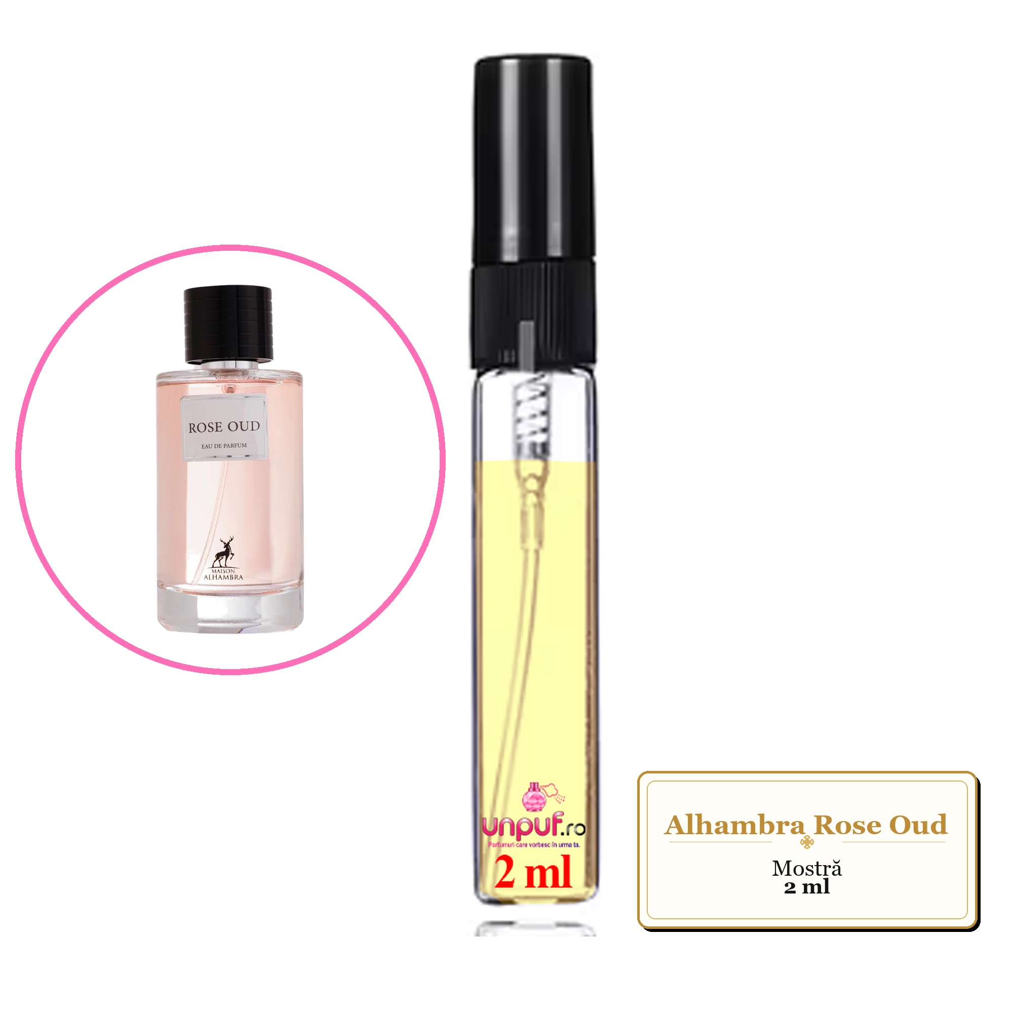 Mostra fiola din Parfumul Alhambra Rose Oud, decant sticla cu pulverizator