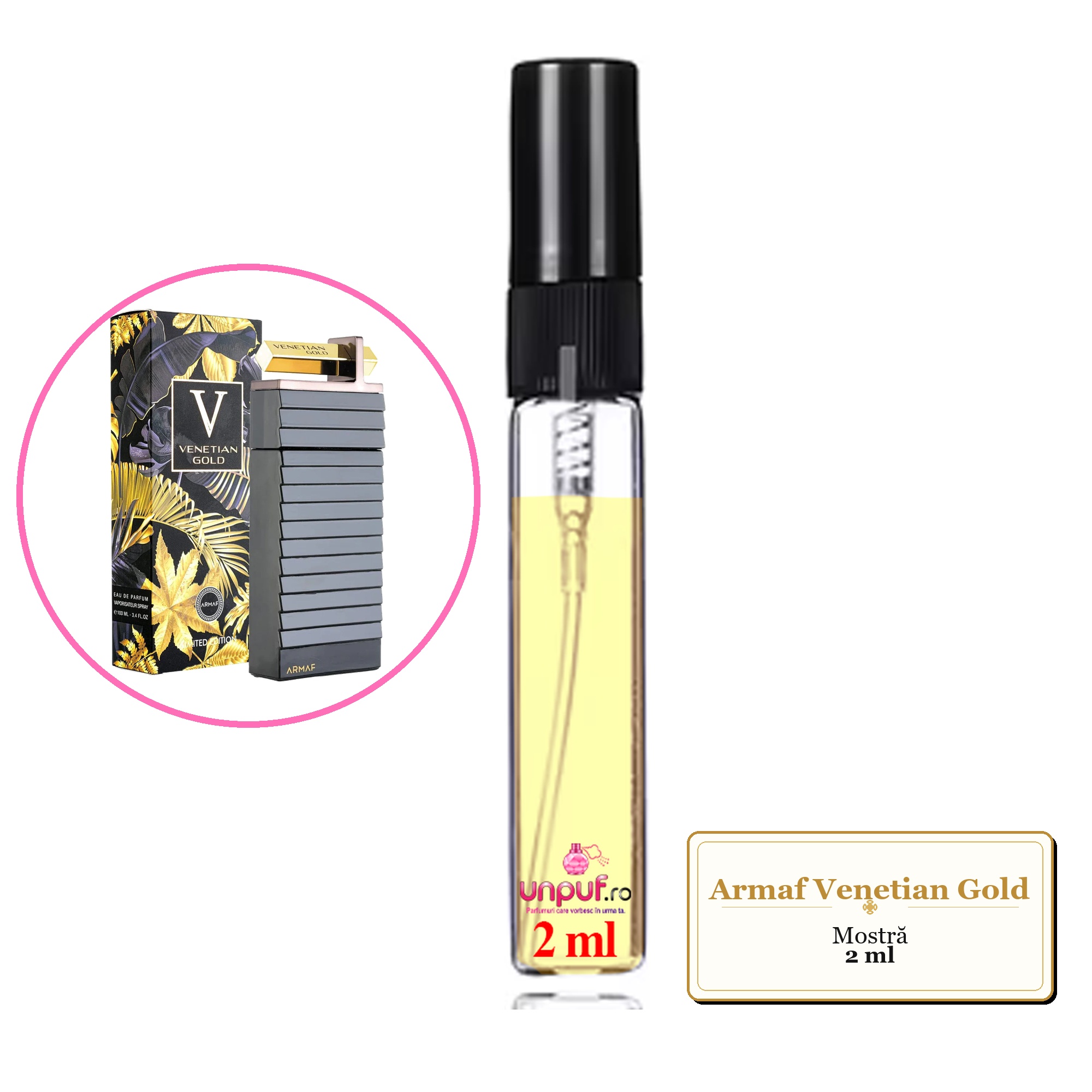 Mostra fiola din Parfumul Armaf Venetian Gold, decant sticla cu pulverizator 