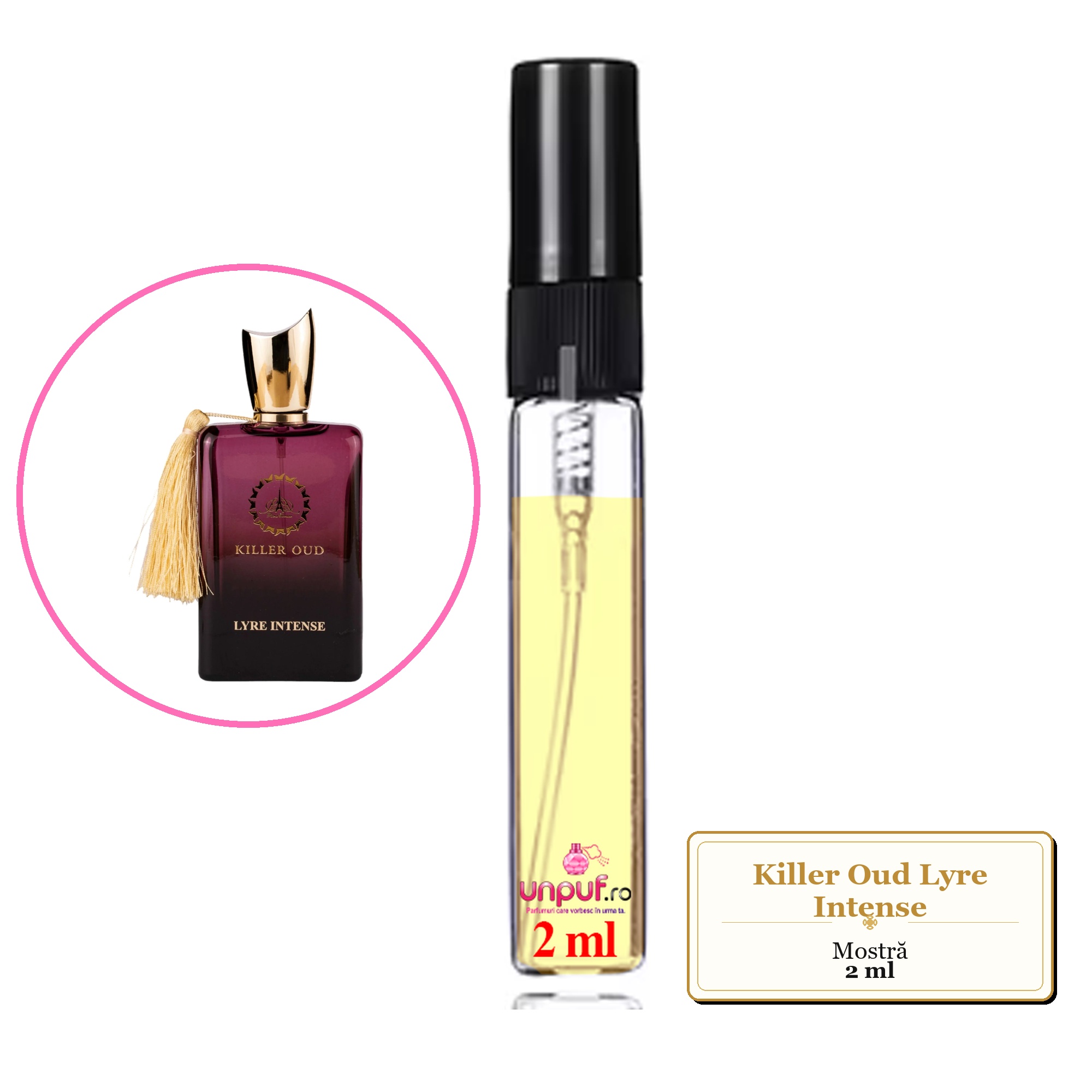Mostra fiola din Parfumul Killer Oud Lyre Intense, decant sticla cu pulverizator