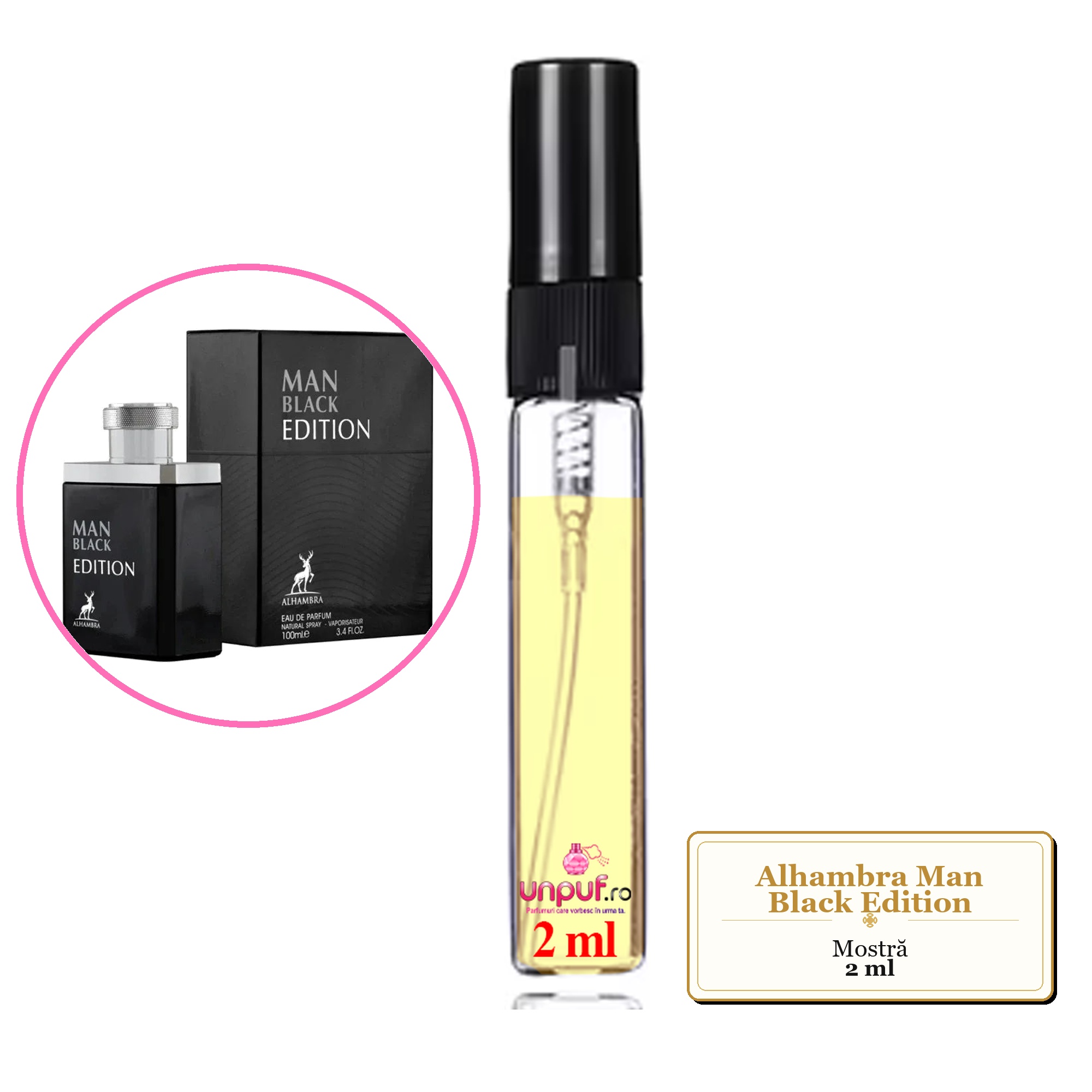 Mostra fiola din Parfumul Alhambra Man Black Edition, decant sticla cu pulverizator
