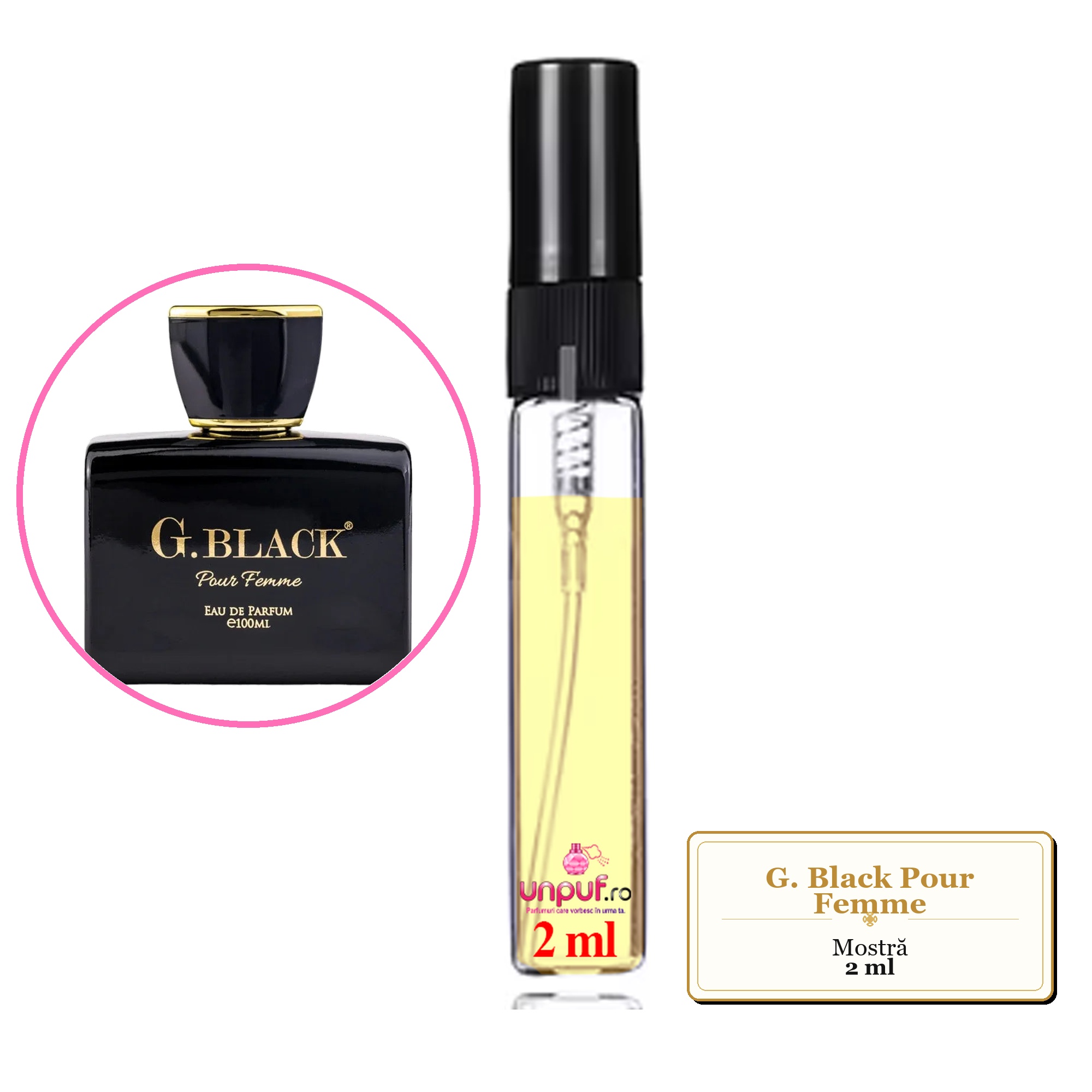 Mostra fiola din Parfumul G. Black Pour Femme, decant sticla cu pulverizator 