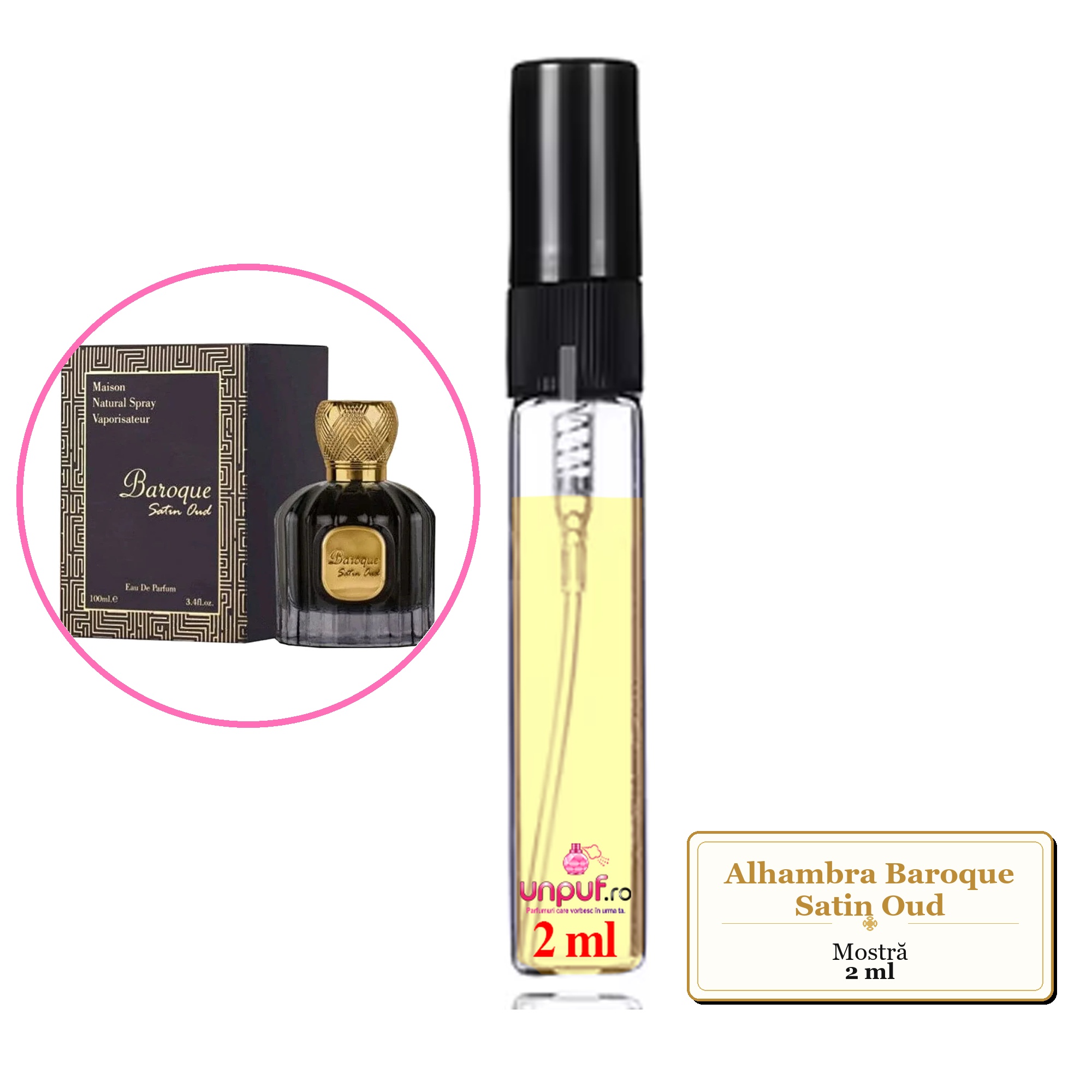 Mostra fiola din Parfumul Alhambra Baroque Satin Oud, decant sticla cu pulverizator
