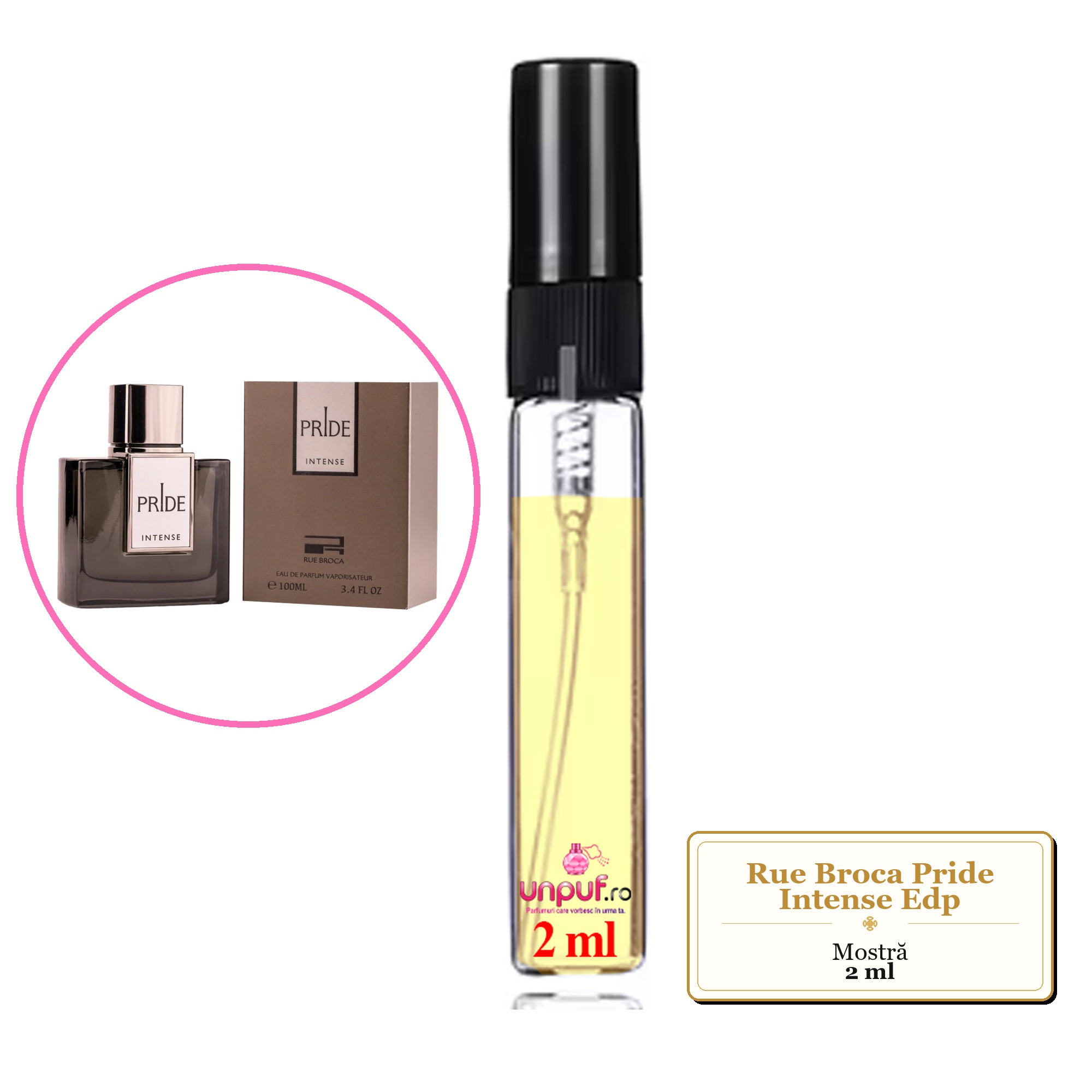 Mostra fiola din Parfumul Rue Broca Pride Intense Edp, decant sticla cu pulverizator 
