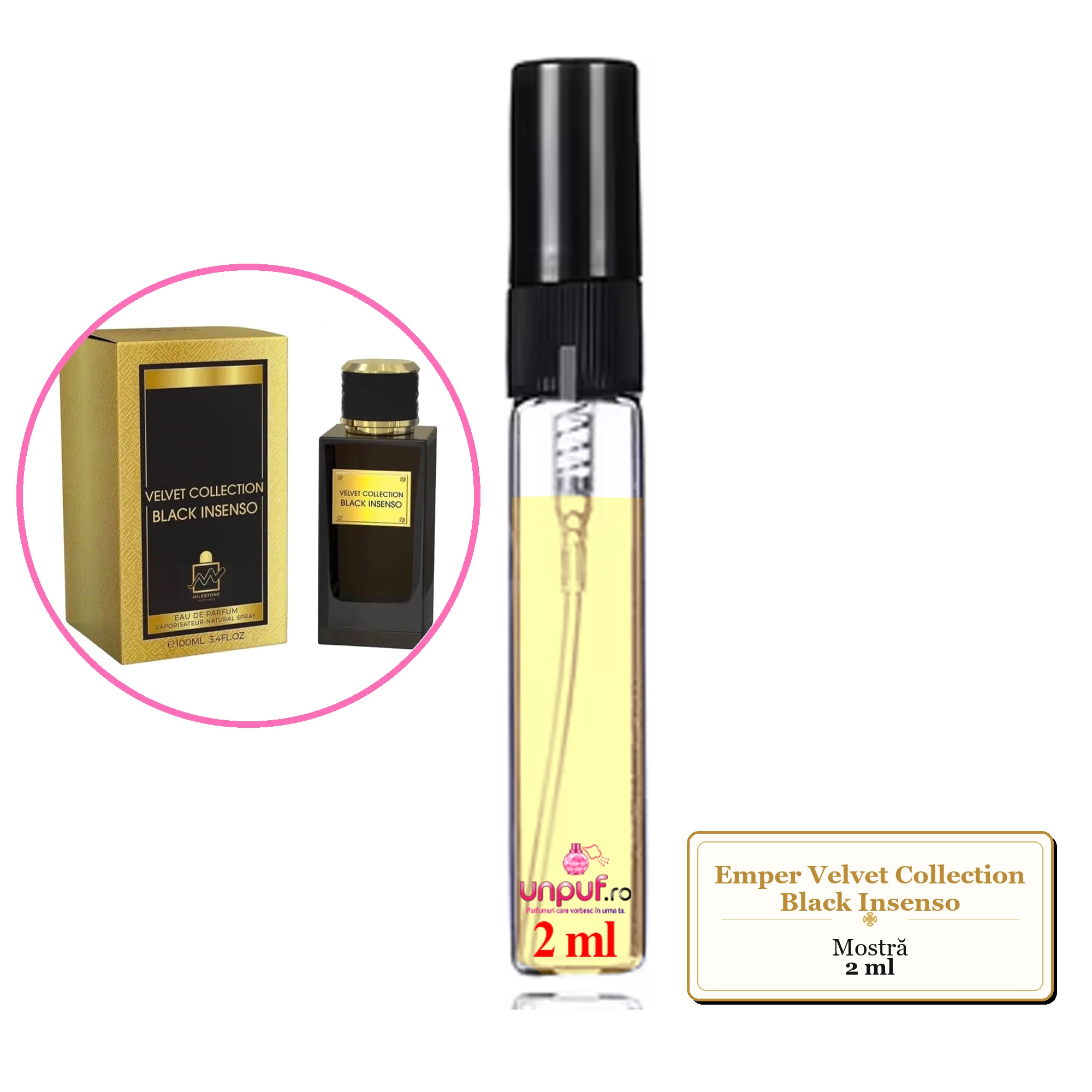 Mostra fiola din Parfumul Emper Velvet Collection Black Insenso, decant sticla cu pulverizator
