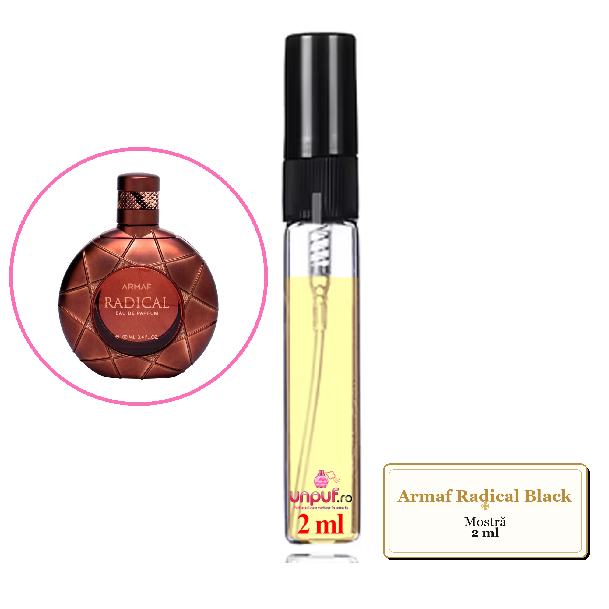 Mostra fiola din Parfumul Armaf Radical Black, decant sticla cu pulverizator 