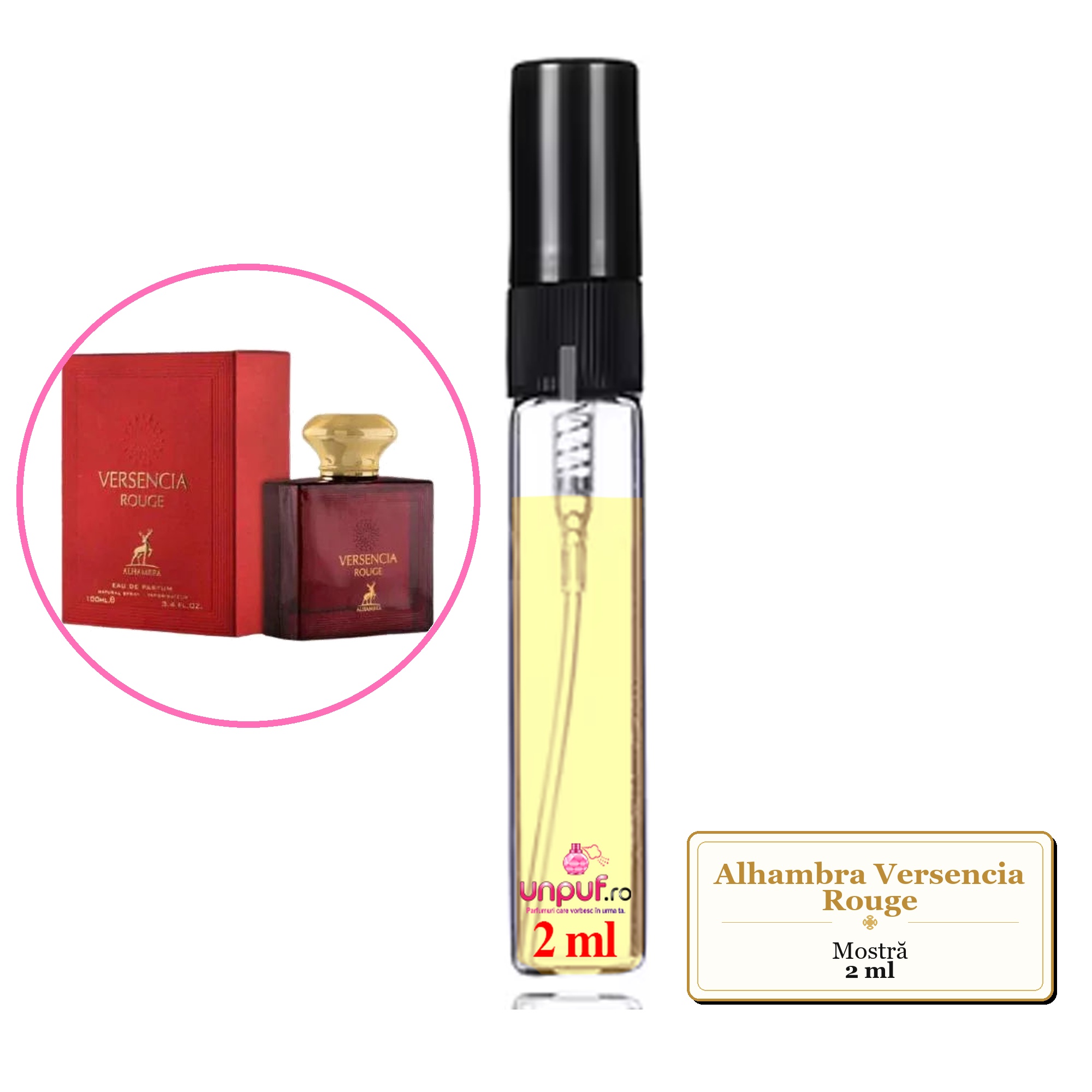 Mostra fiola din Parfumul Alhambra Versencia Rouge, decant sticla cu pulverizator 
