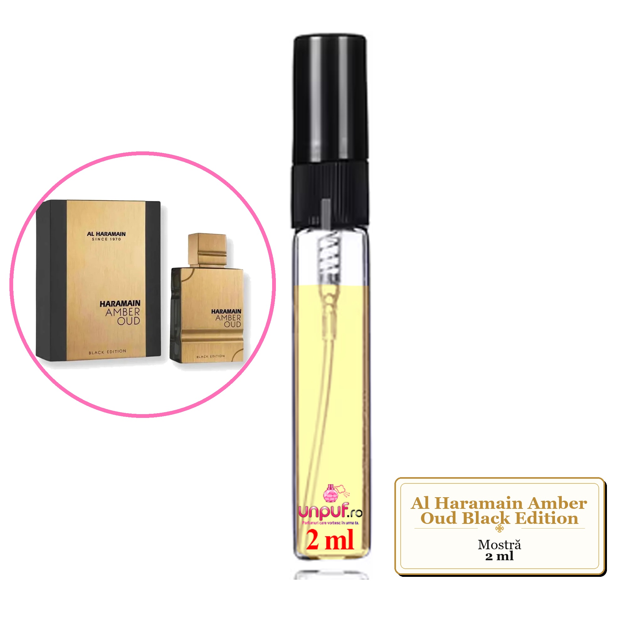 Mostra fiola din Parfumul Al Haramain Amber Oud Black Edition, decant sticla cu pulverizator