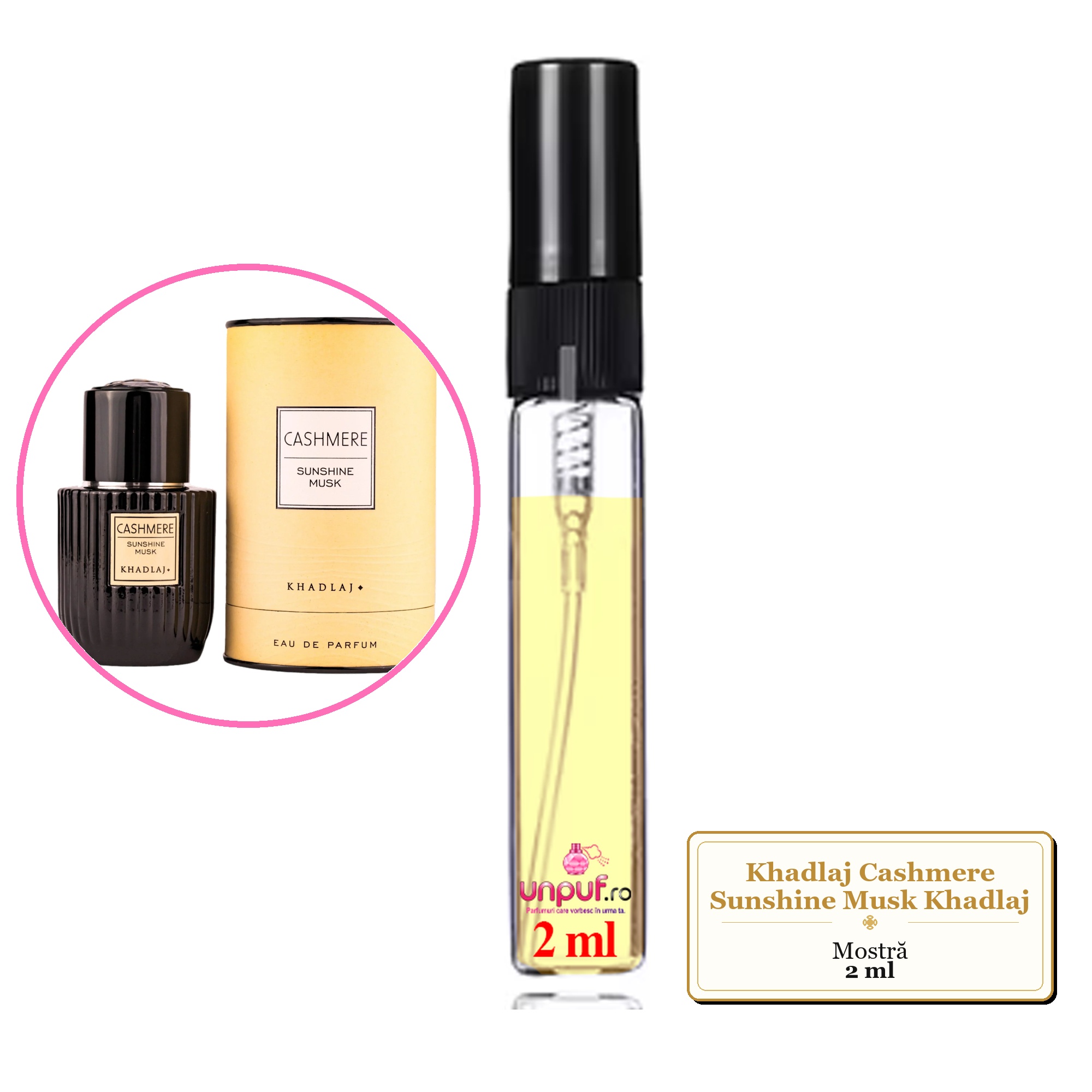 Mostra fiola din Parfumul Khadlaj Cashmere Sunshine Musk Khadlaj, decant sticla cu pulverizator 
