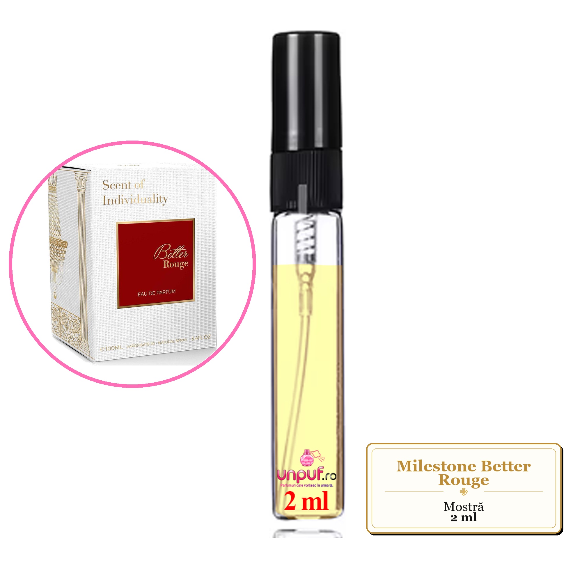 Mostra fiola din Parfumul Milestone Better Rouge, decant sticla cu pulverizator 