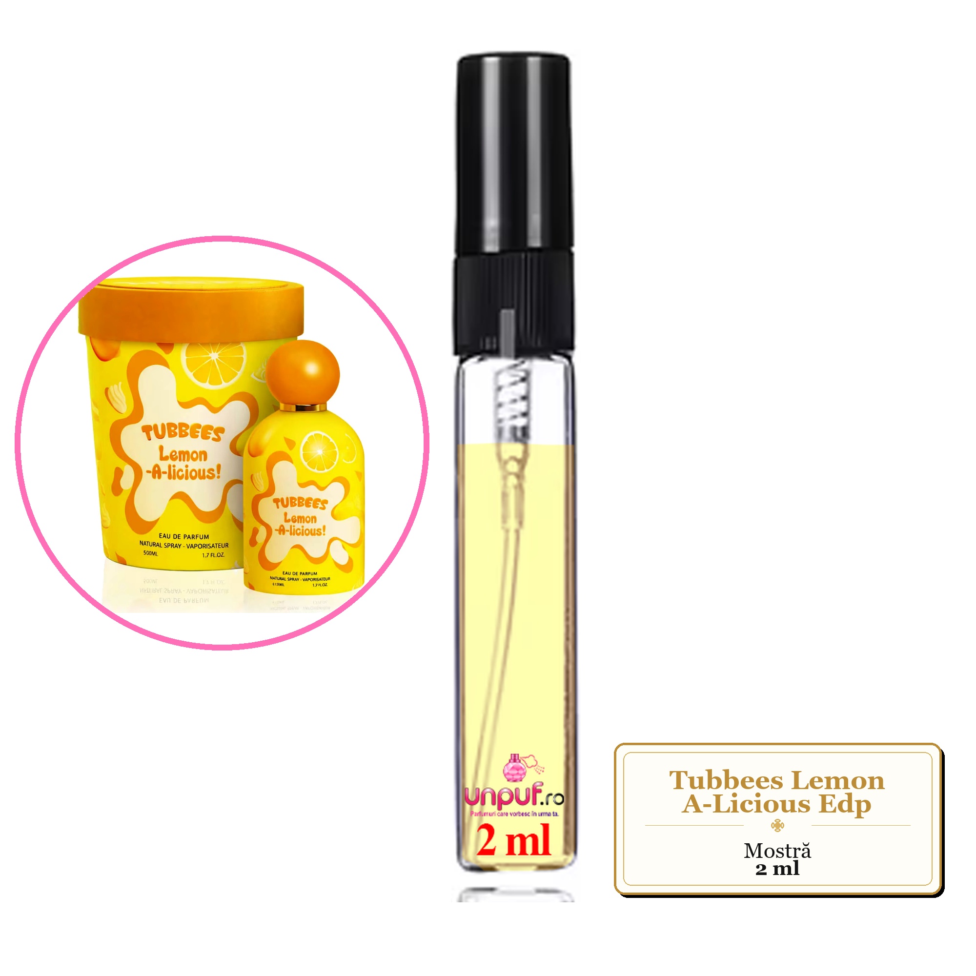 Mostra fiola din Parfumul Tubbees Lemon A-Licious Edp, decant sticla cu pulverizator 