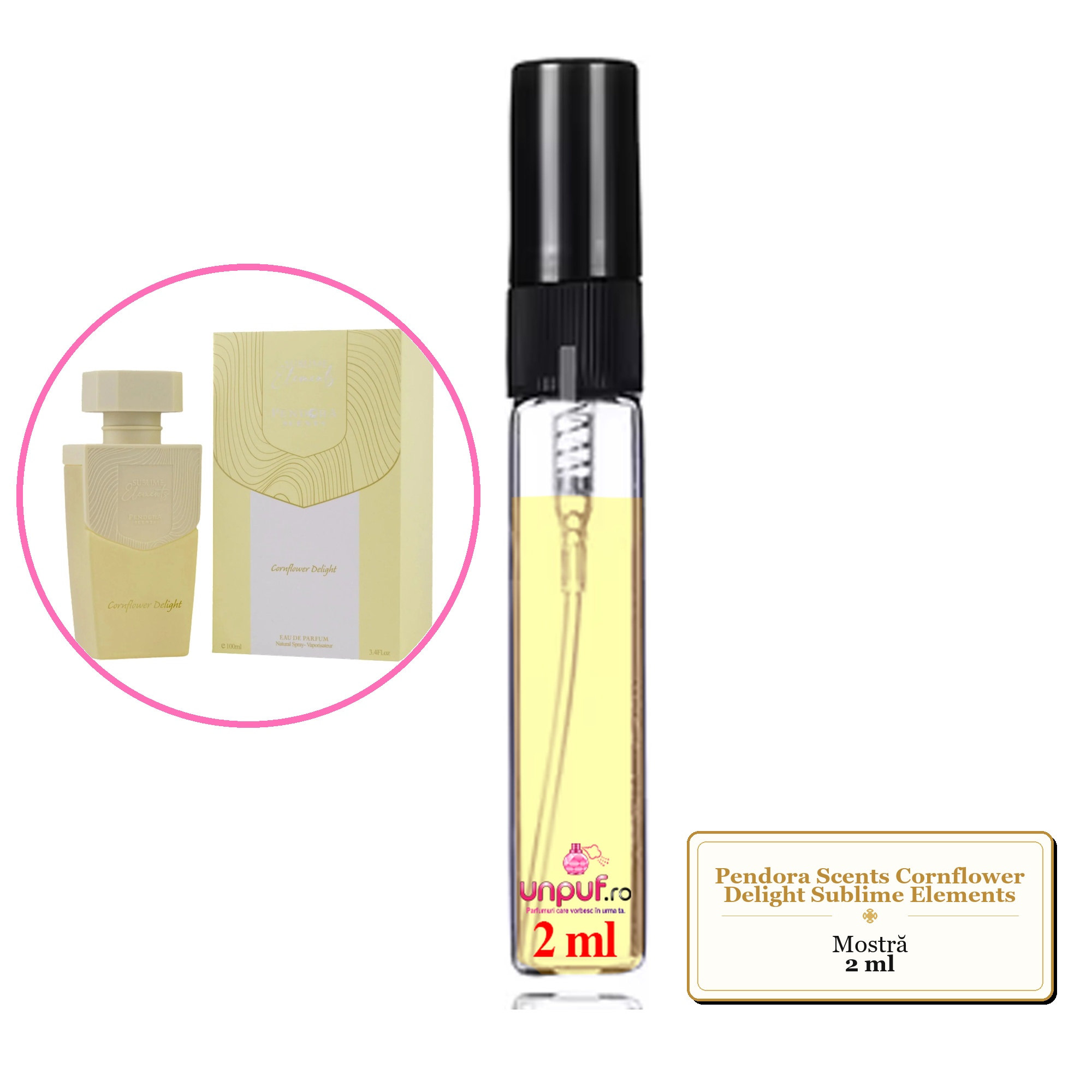 Mostra fiola din Parfumul Pendora Scents Cornflower Delight Sublime Elements, decant sticla cu pulverizator 