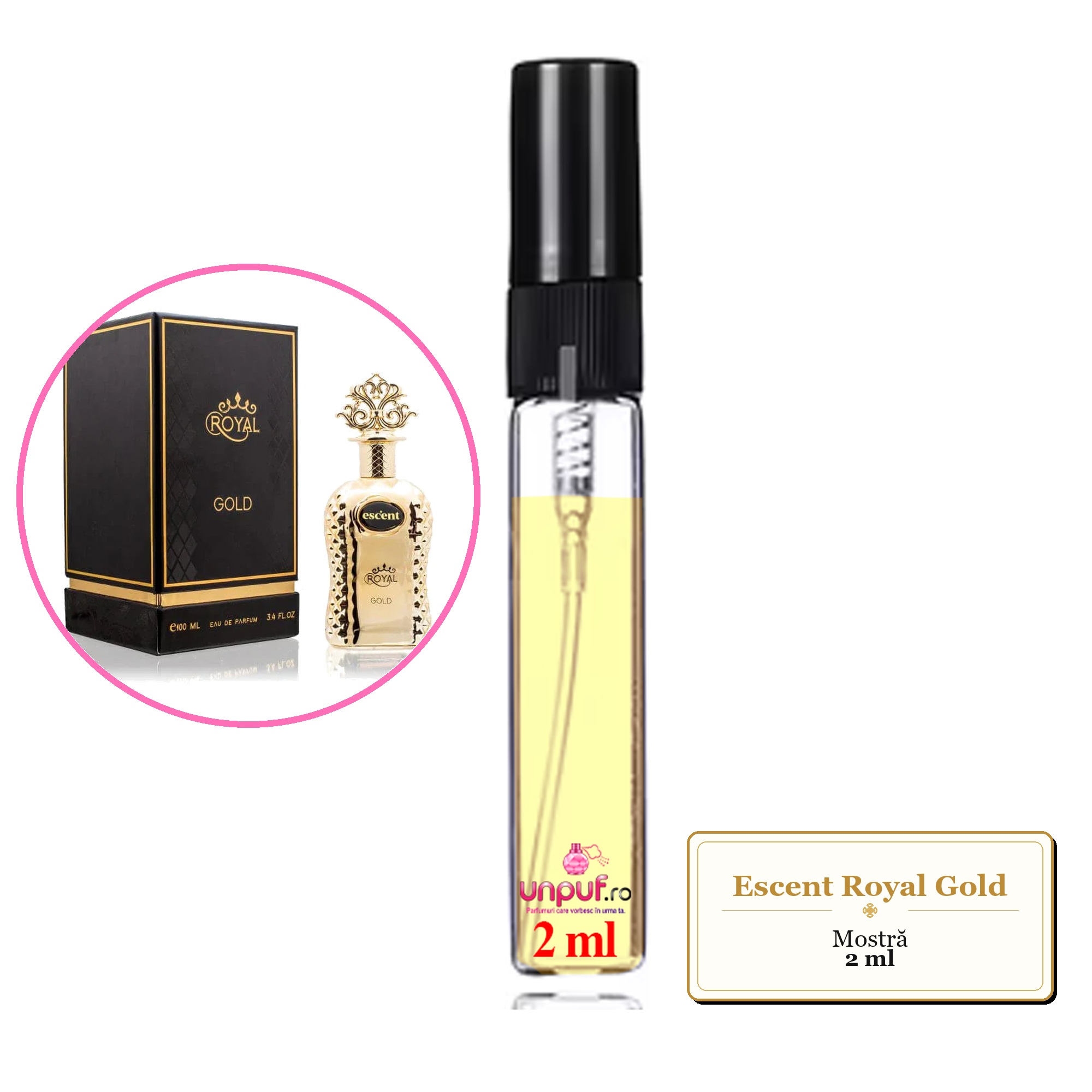 Mostra fiola din Parfumul Escent Royal Gold, decant sticla cu pulverizator 