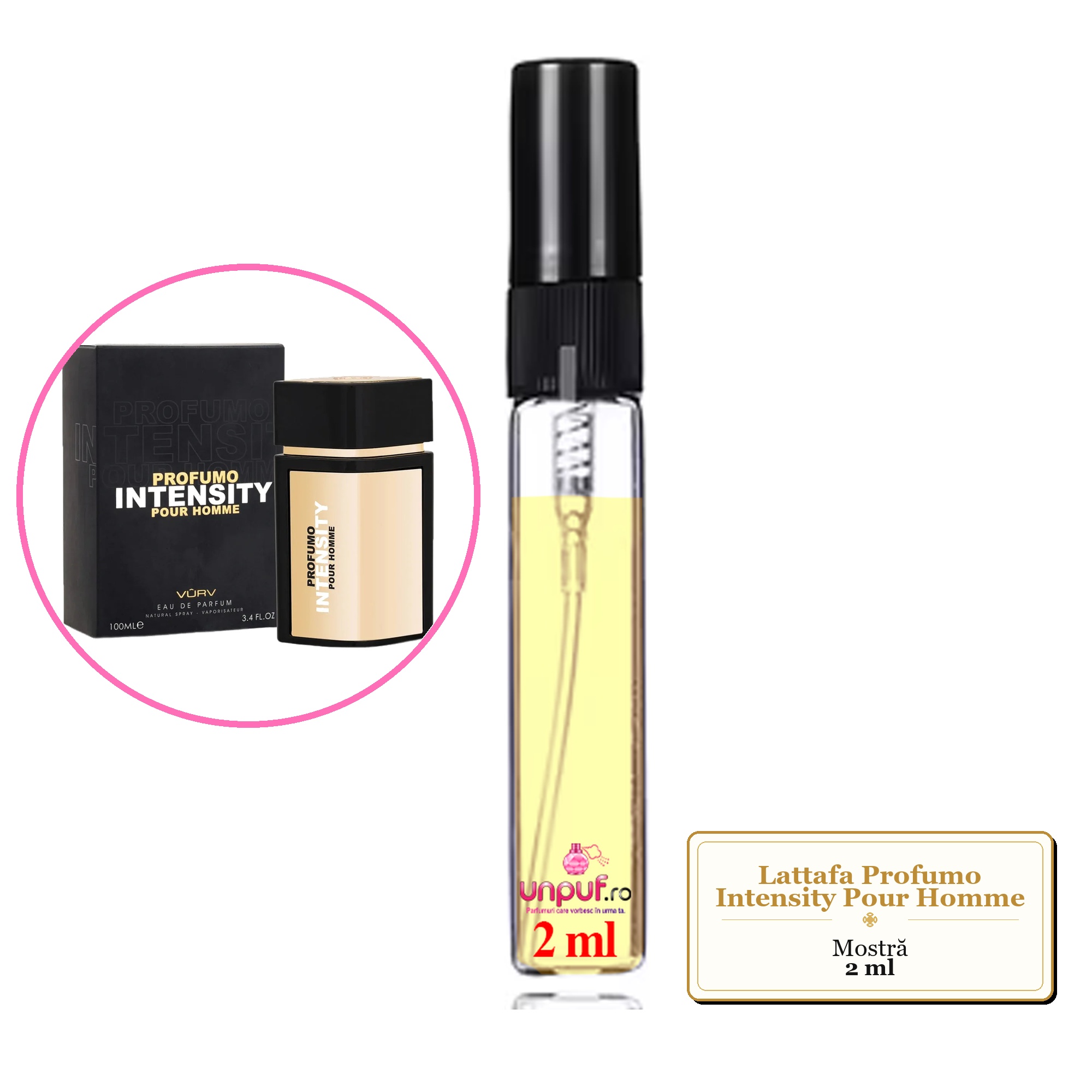 Mostra fiola din Parfumul Lattafa Profumo Intensity Pour Homme, decant sticla cu pulverizator 
