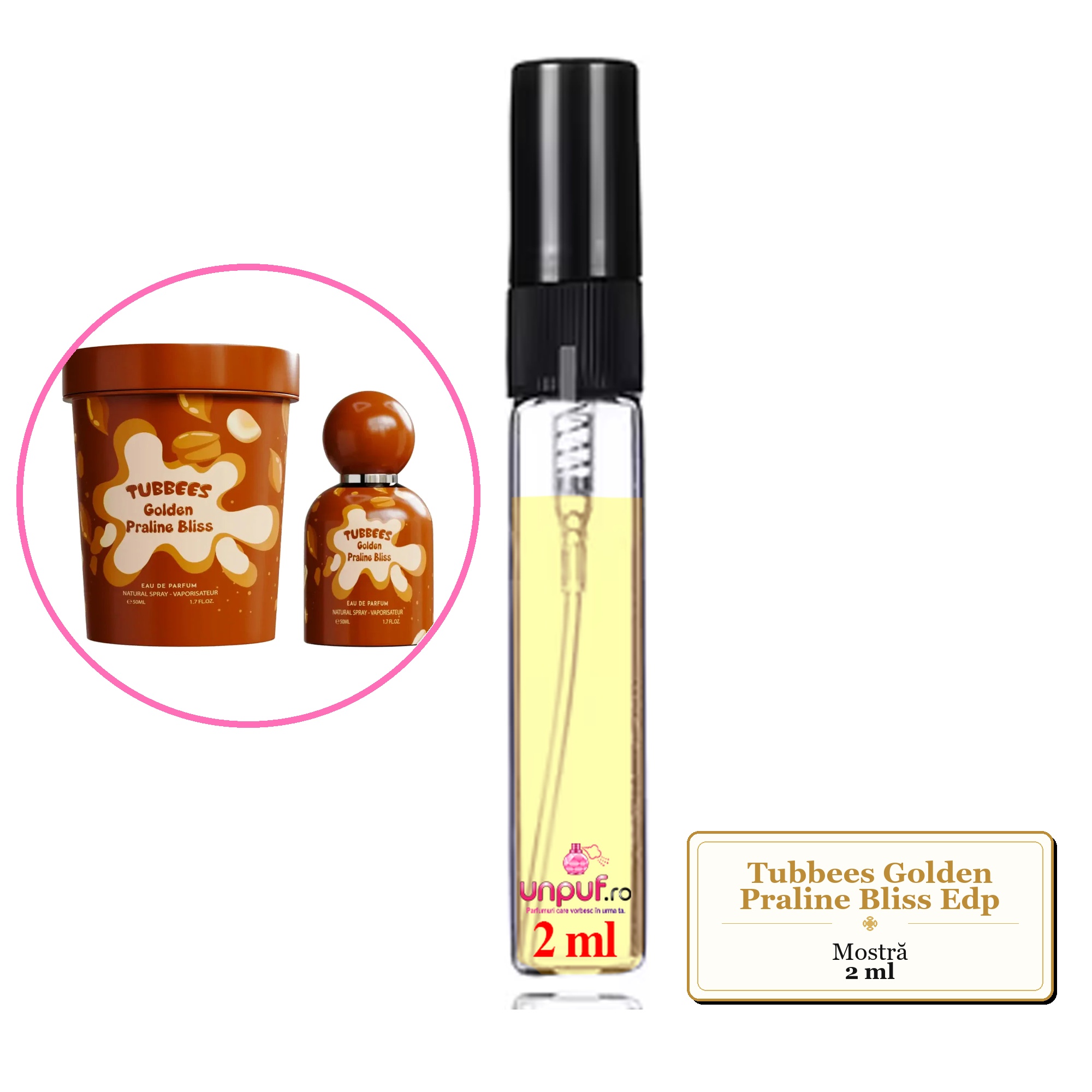 Mostra fiola din Parfumul Tubbees Golden Praline Bliss Edp, decant sticla cu pulverizator 