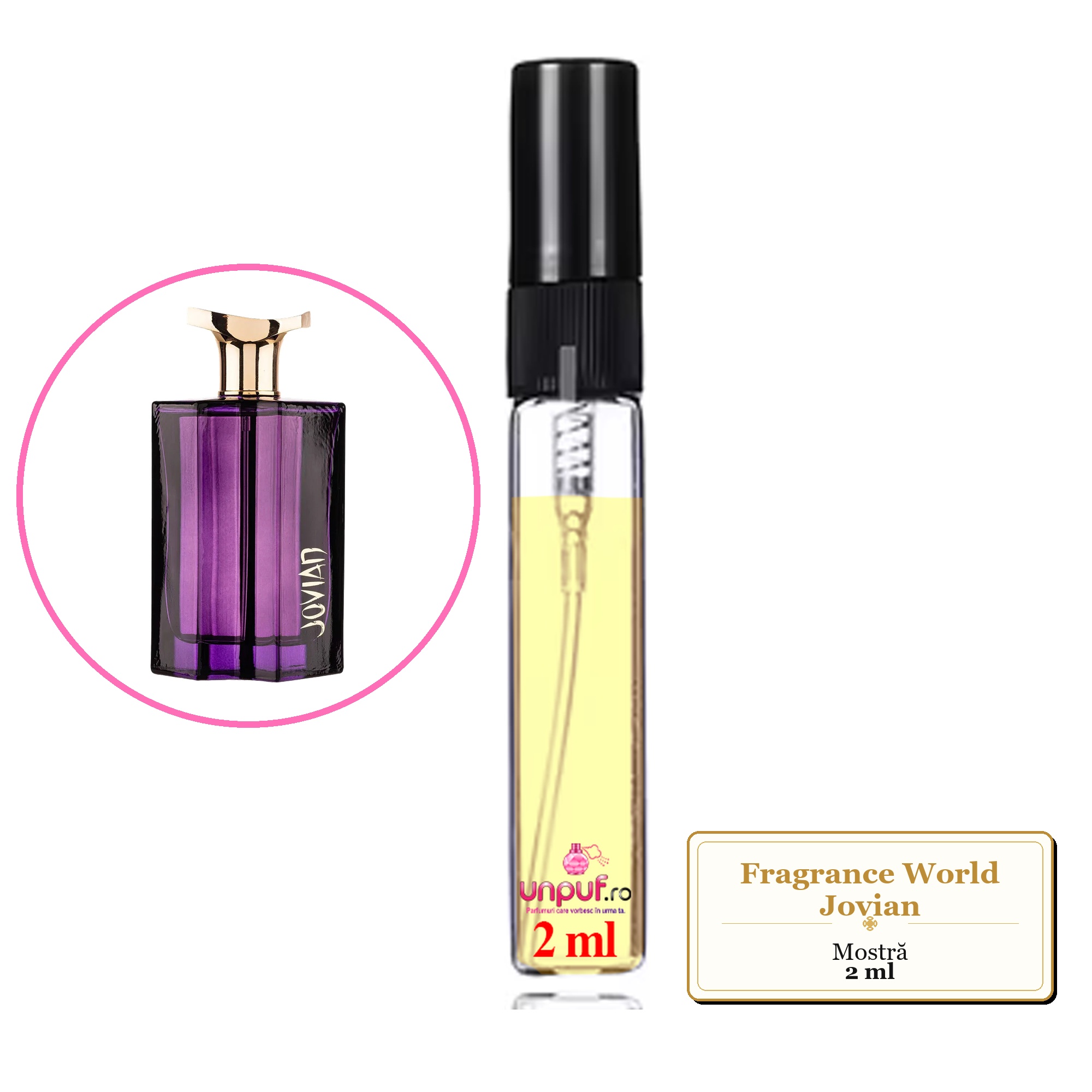 Mostra fiola din Parfumul Fragrance World Jovian, decant sticla cu pulverizator 