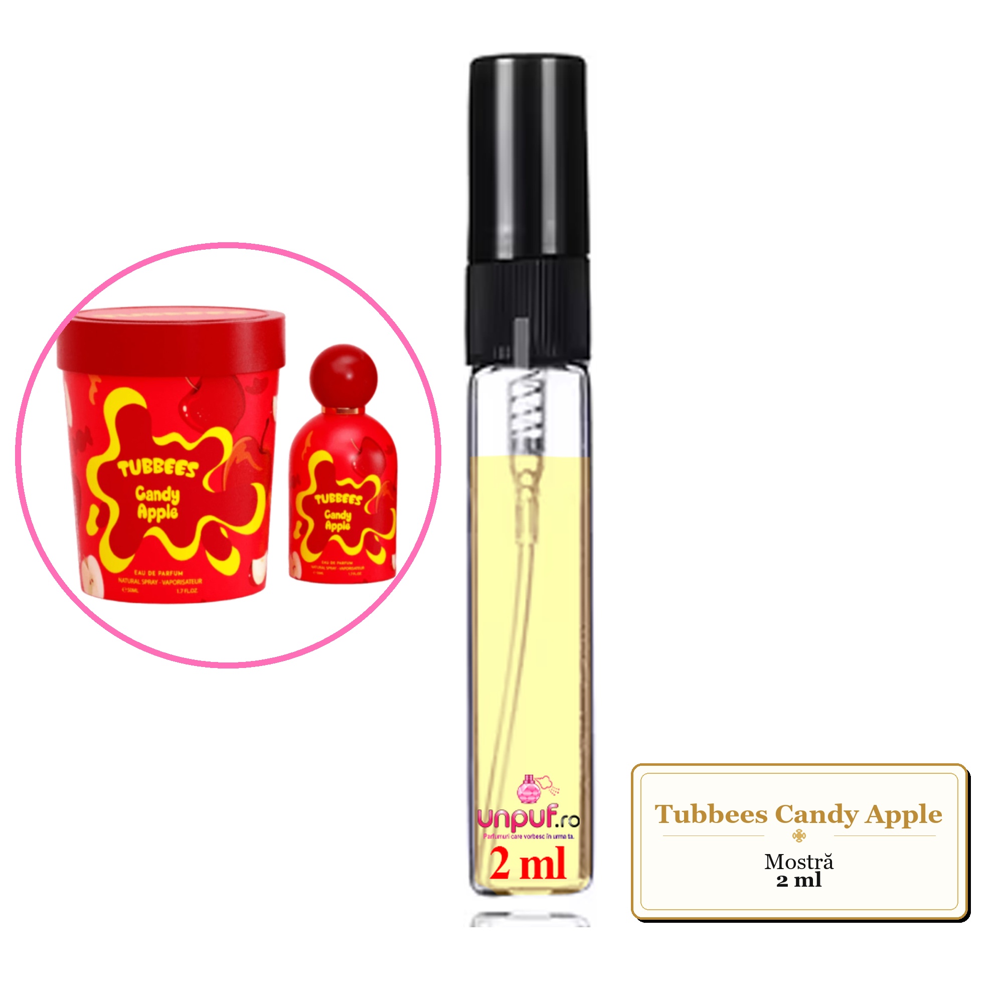 Mostra fiola din Parfumul Tubbees Candy Apple, decant sticla cu pulverizator 