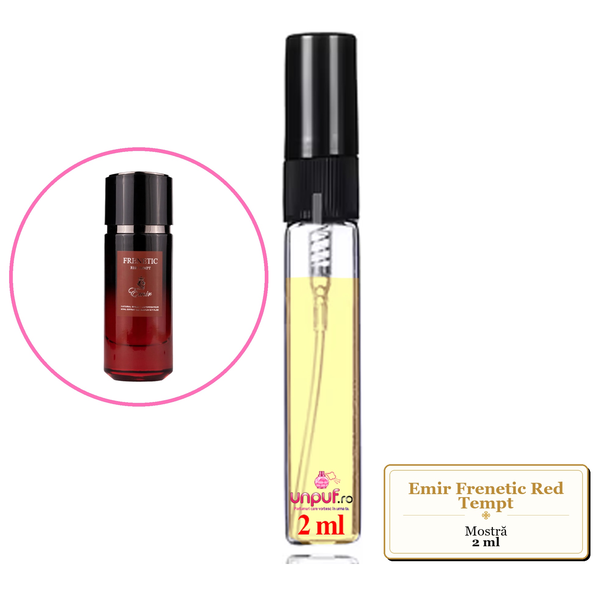 Mostra fiola din Parfumul Emir Frenetic Red Tempt, decant sticla cu pulverizator