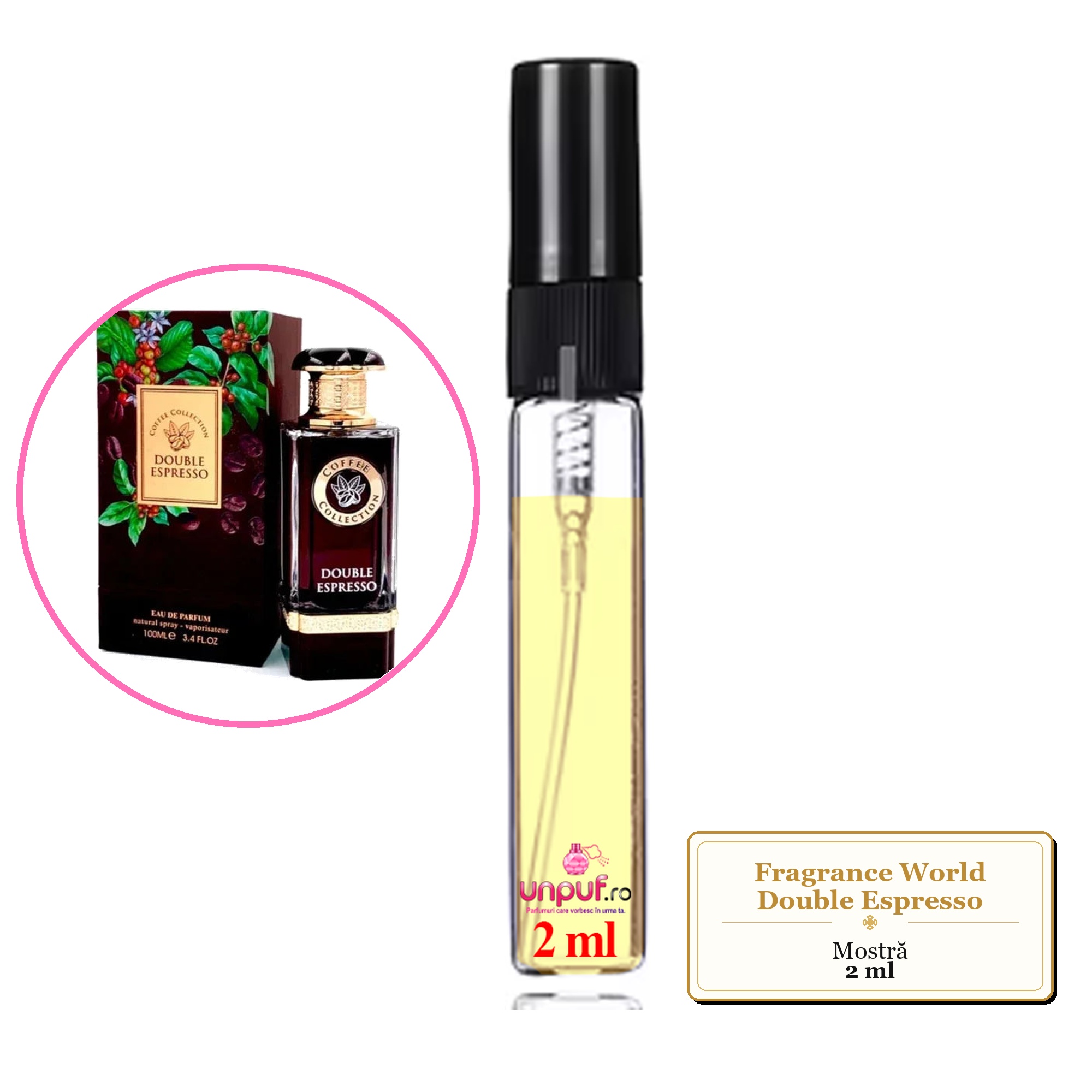 Mostra fiola din Parfumul Fragrance World Double Espresso, decant sticla cu pulverizator