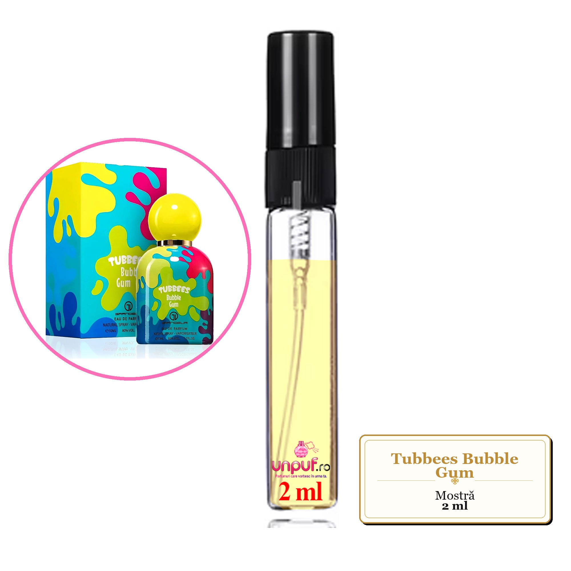 Mostra fiola din Parfumul Tubbees Bubble Gum, decant sticla cu pulverizator 